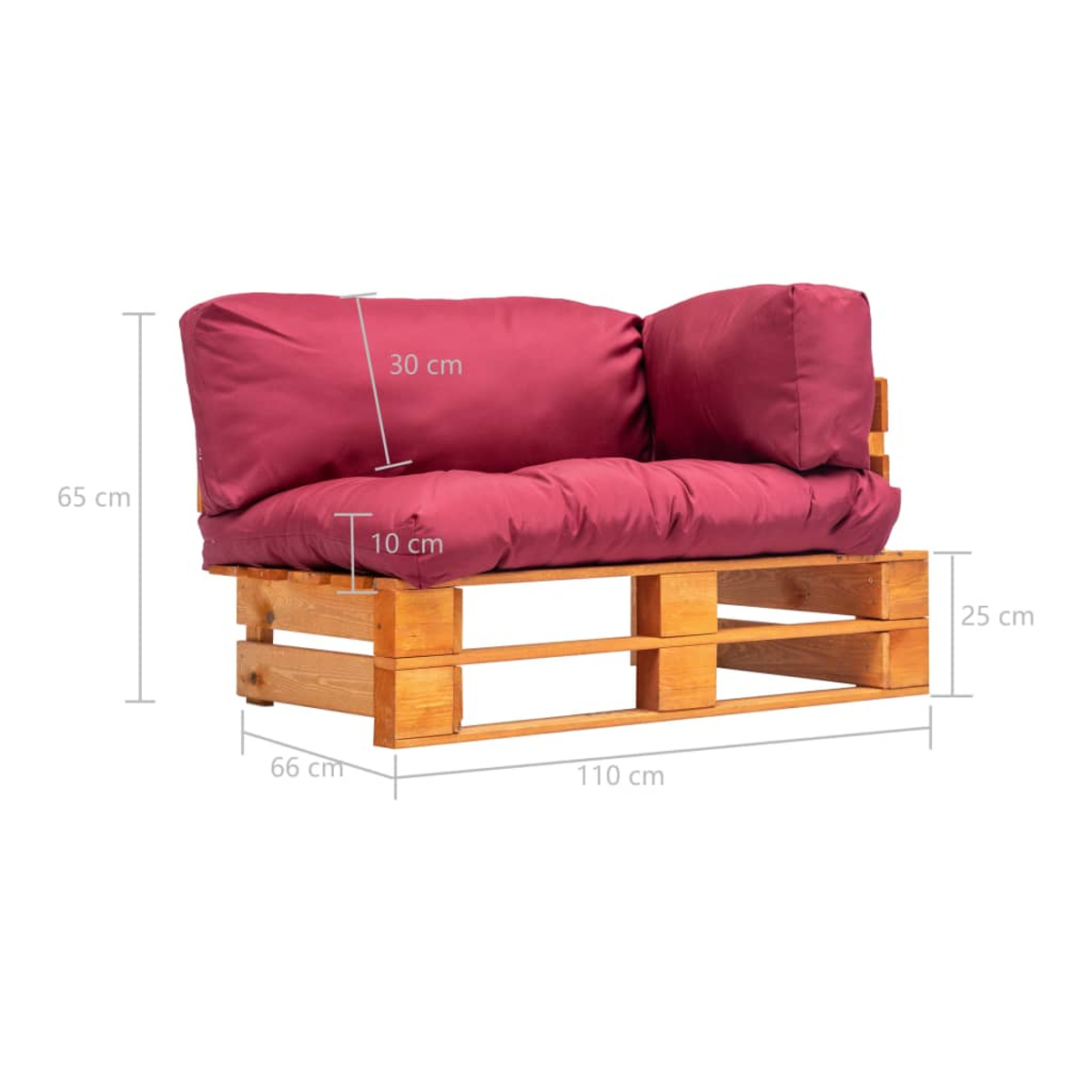 Holzpaletten-Sofa mit bordeauxroten Kissen, Maße: 110x66x65 cm.