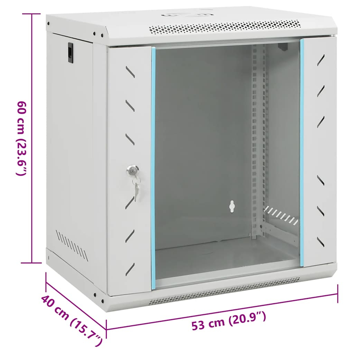 Ein weißer Serverschrank mit Glastür und Schlüssel. Maße: 60x53x40cm.