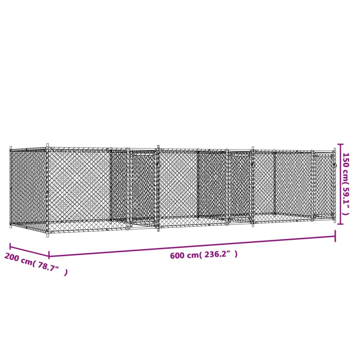 Ein langer, rechteckiger Käfig mit Gitterstäben, 600 cm lang, 200 cm breit, 150 cm hoch.