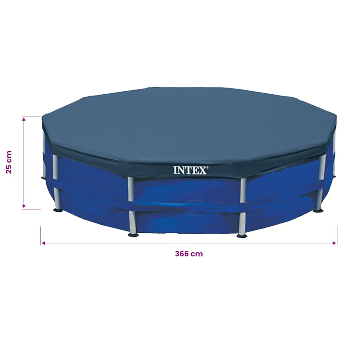 Eine blaue Intex-Poolabdeckung mit silbernen Stützen. Maße: 366 cm breit, 25 cm hoch.