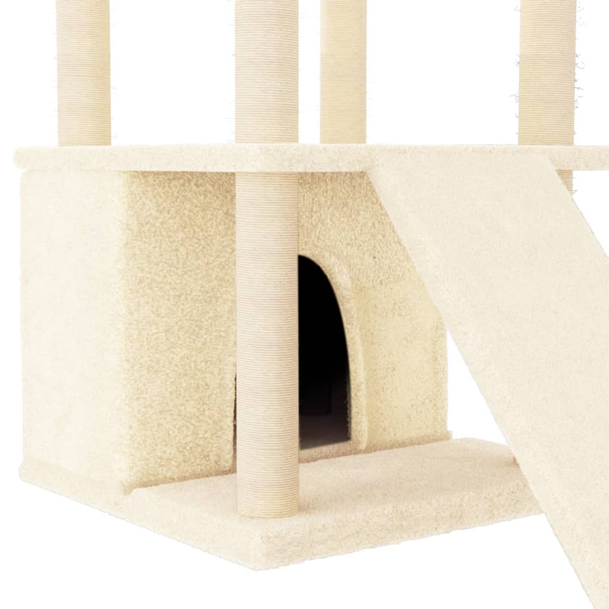 Ein beiges Katzenkratzhaus mit mehreren Ebenen und Kratzsäulen.