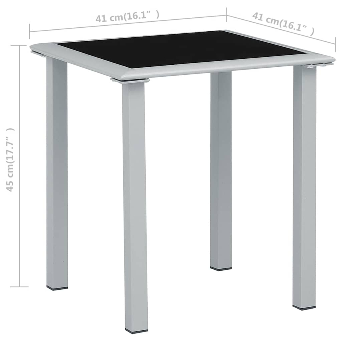 Ein quadratischer schwarzer Tisch mit silbernen Beinen. Maße: 41x41x45 cm.