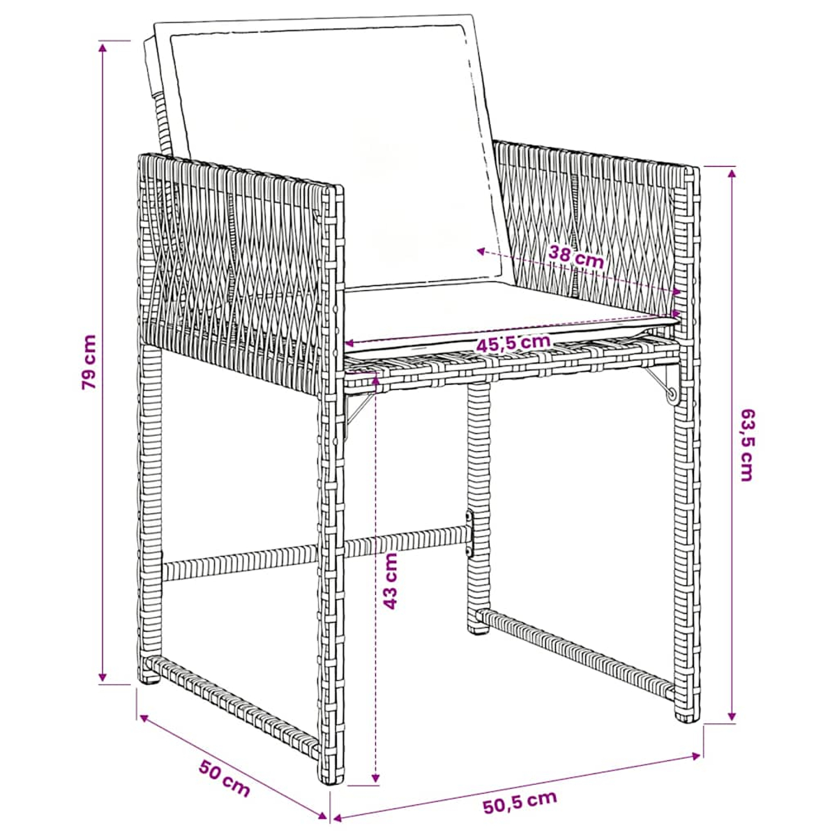 Eine detaillierte Skizze eines Korbstuhls mit Maßen: 79cm Höhe, 50cm Breite, 50,5cm Tiefe.