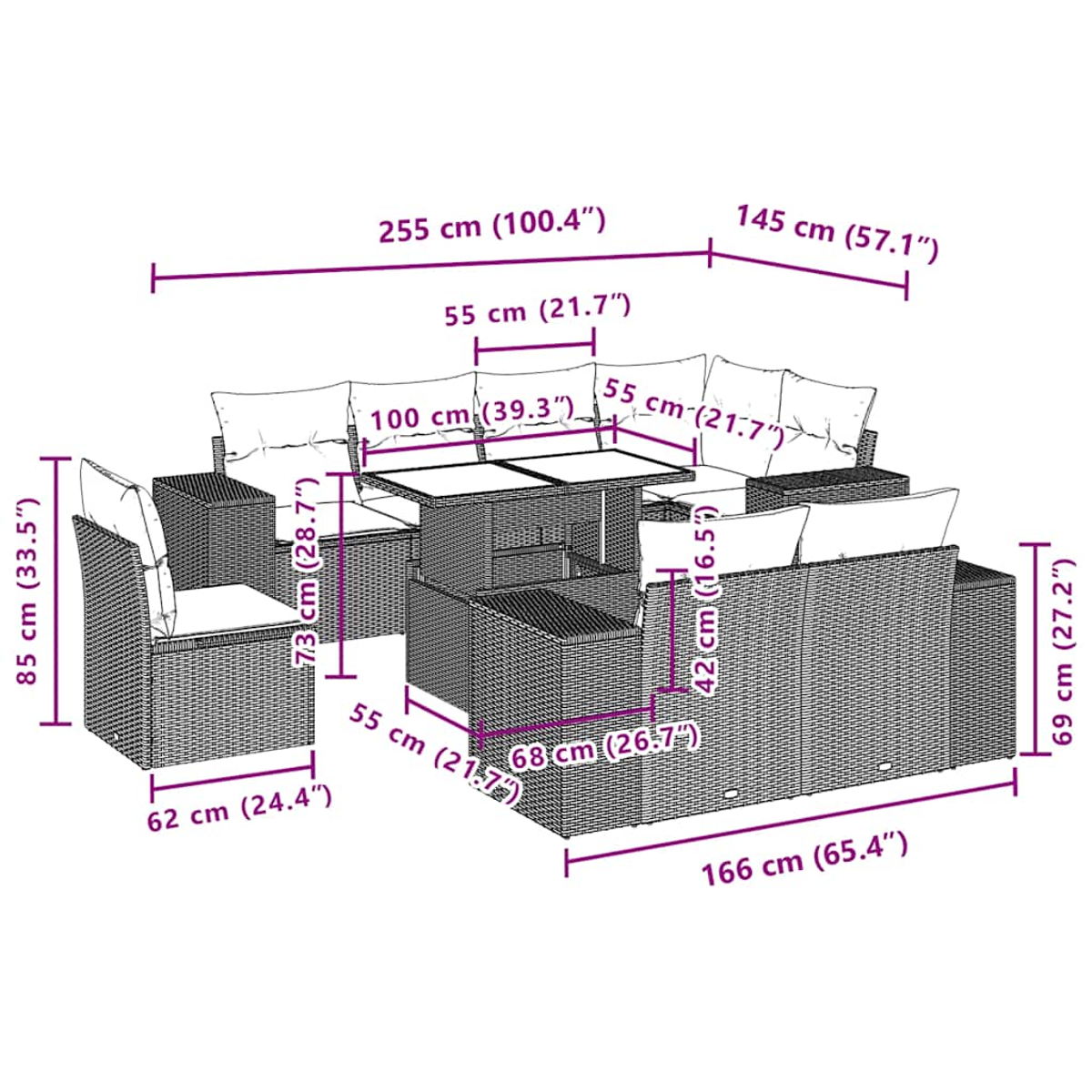 Diagramm eines modularen Gartenmöbelsets mit Maßen.