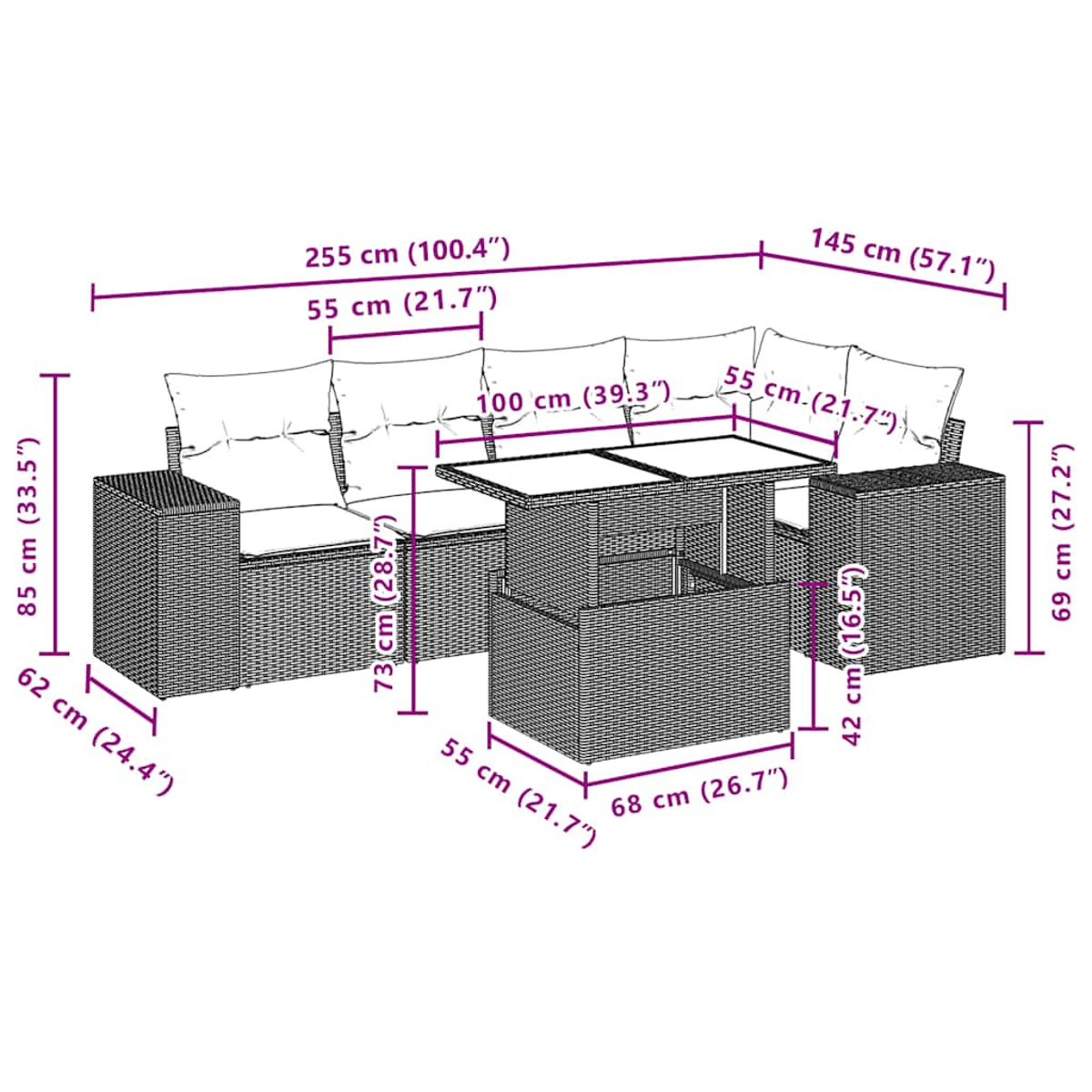 Ein modululares Outdoor-Sofa mit Tisch und Maßen.