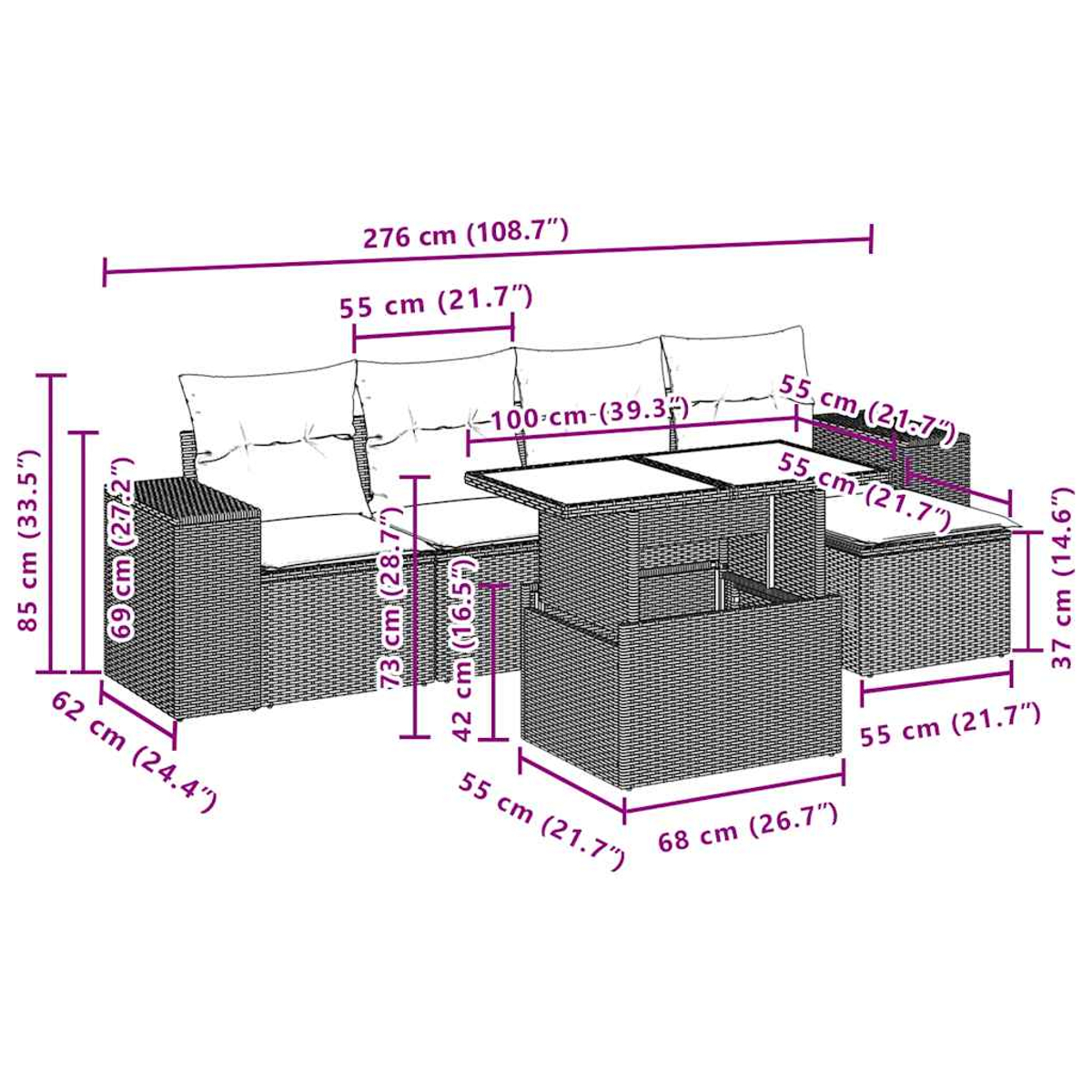 Rattan-Gartenmöbel-Set mit Tisch, Sofa und Hockern, Maße sind angegeben.