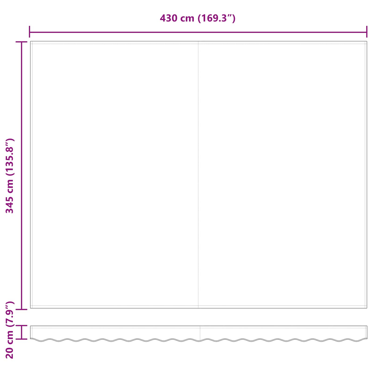 Zeichnung mit Maßen: 430 cm Breite, 345 cm Höhe, 20 cm Tiefe.