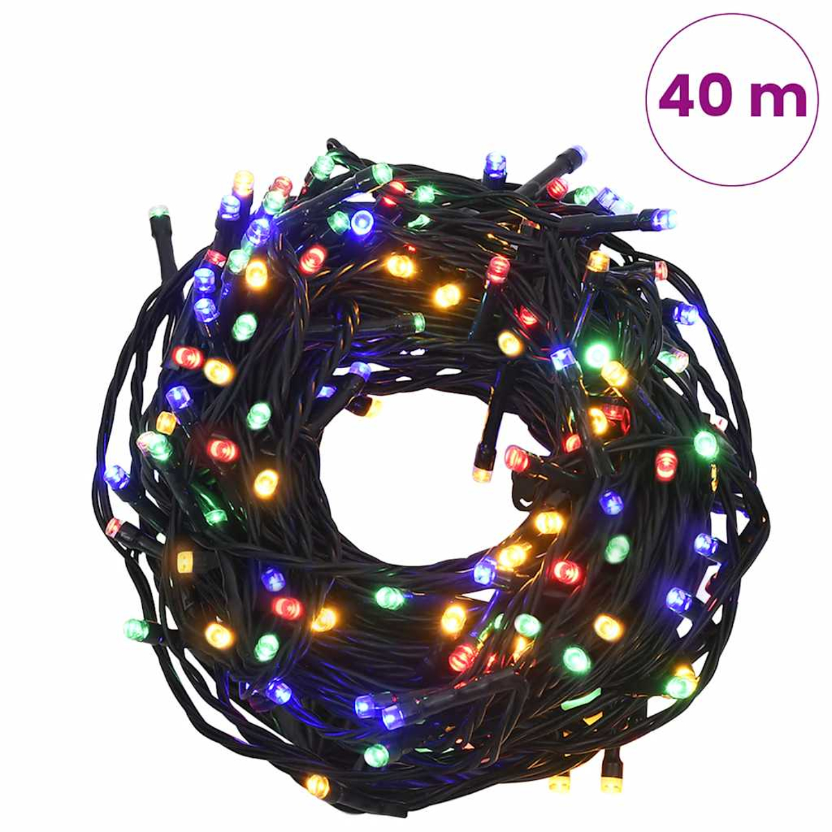 Ein aufgerollter Strang mit bunten LEDs in Rot, Grün, Blau und Gelb. 40m.