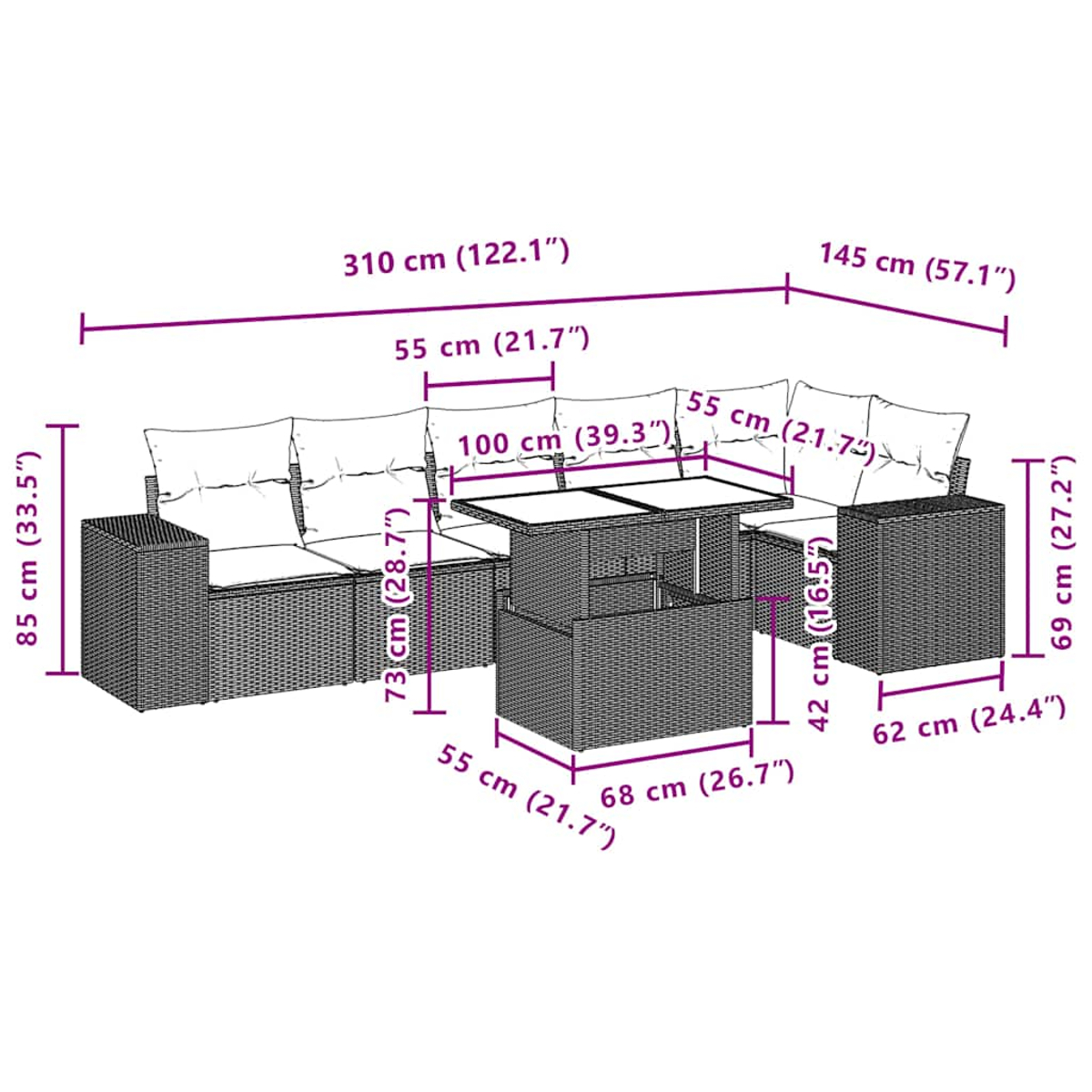 Geflochtenes Lounge-Set mit Tisch: 310x145x85cm, Tisch 100x55x42cm.