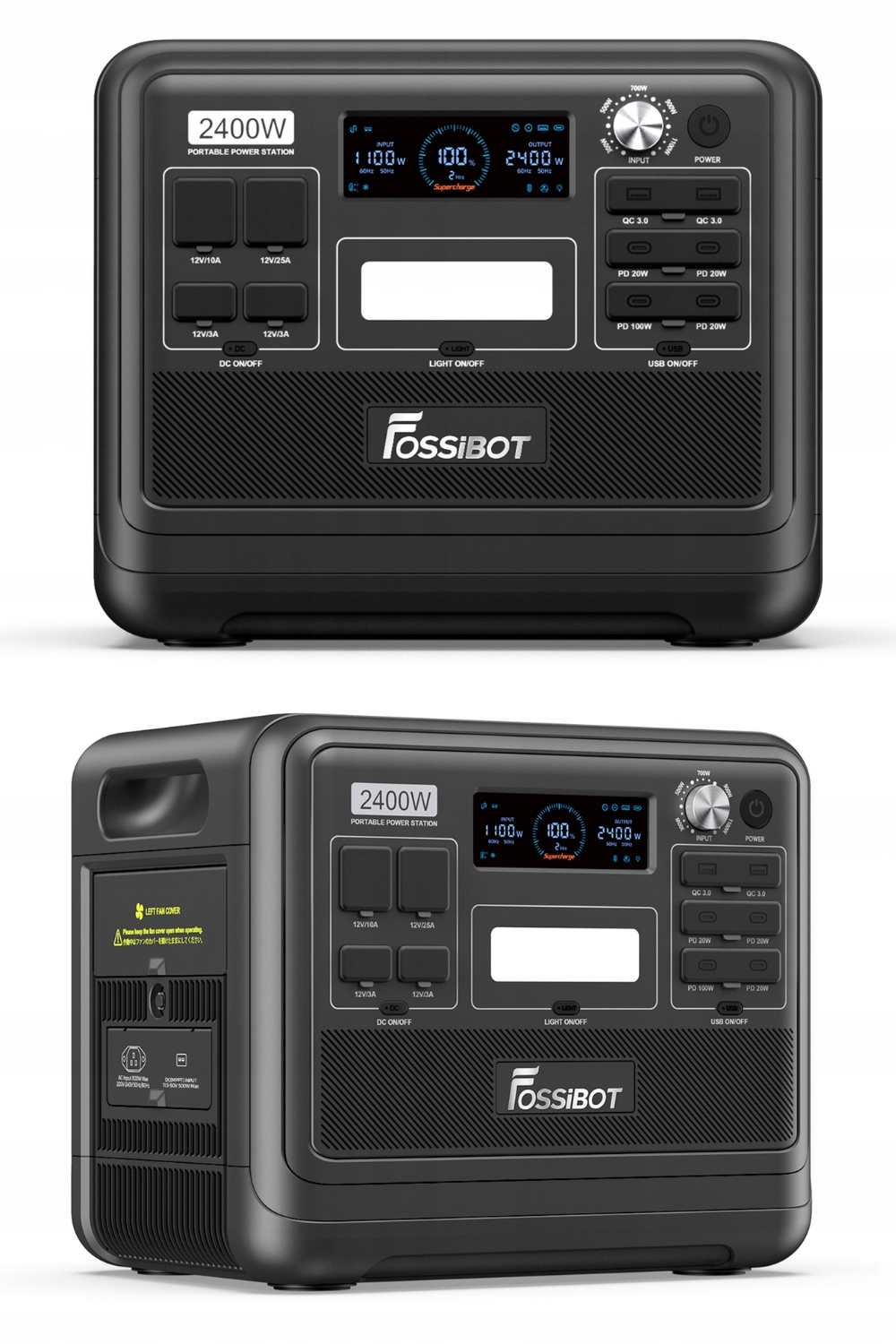 Czarna przenośna stacja zasilania FossiBot 2400W z portami i cyfrowym wyświetlaczem.