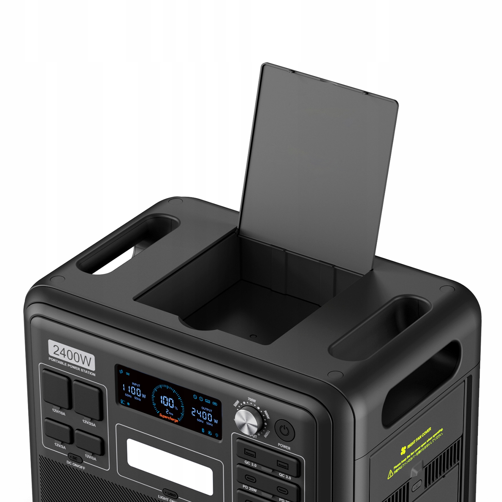 Czarna przenośna stacja zasilania z otwartym schowkiem i wyświetlaczem. 2400W.
