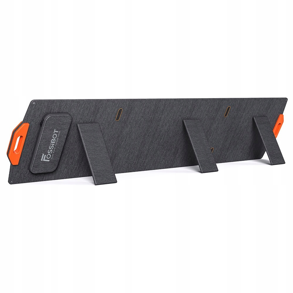 Ciemnoszary przenośny panel słoneczny z pomarańczowymi akcentami i podpórkami.