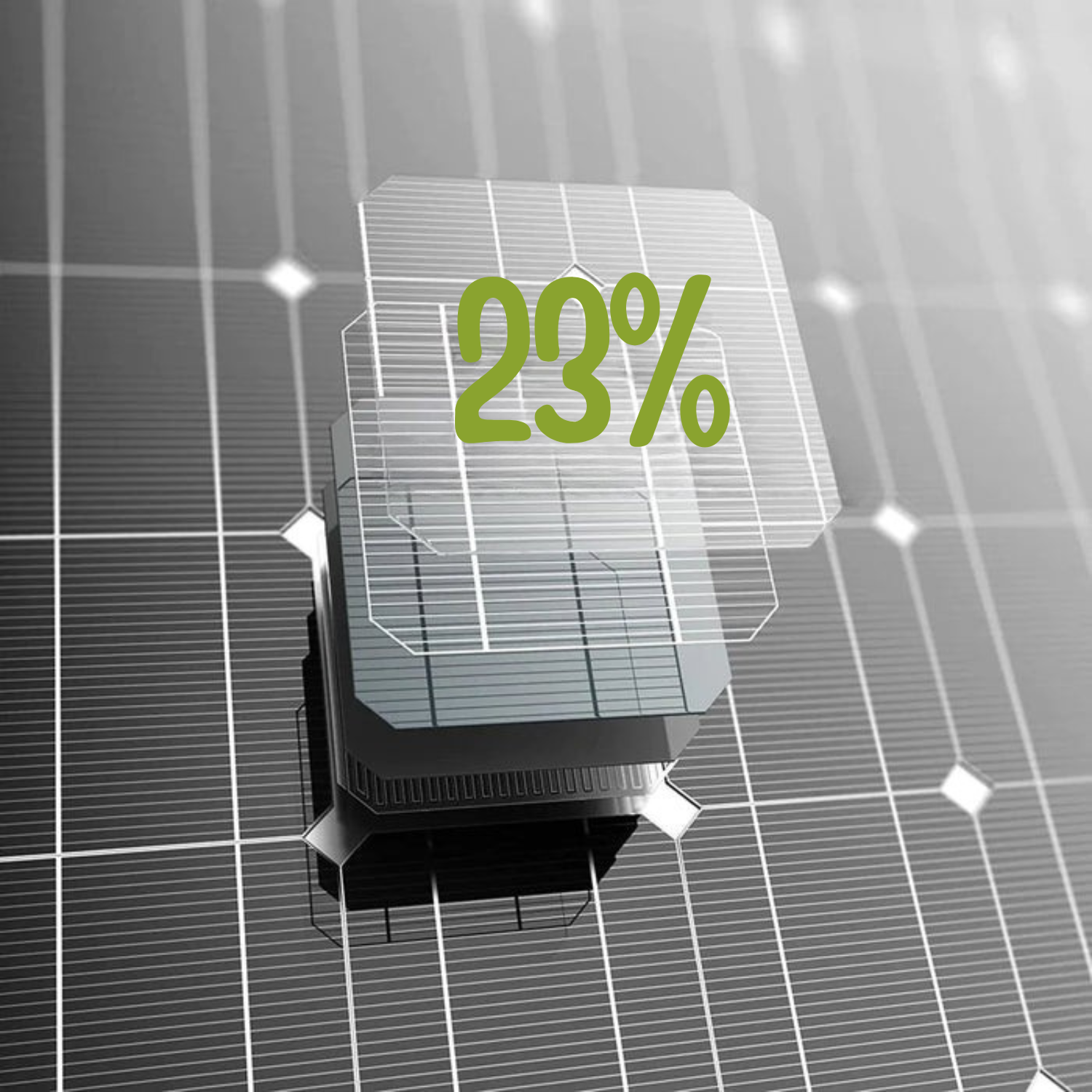 Zbliżenie paneli słonecznych z napisem '23%' na zielono.