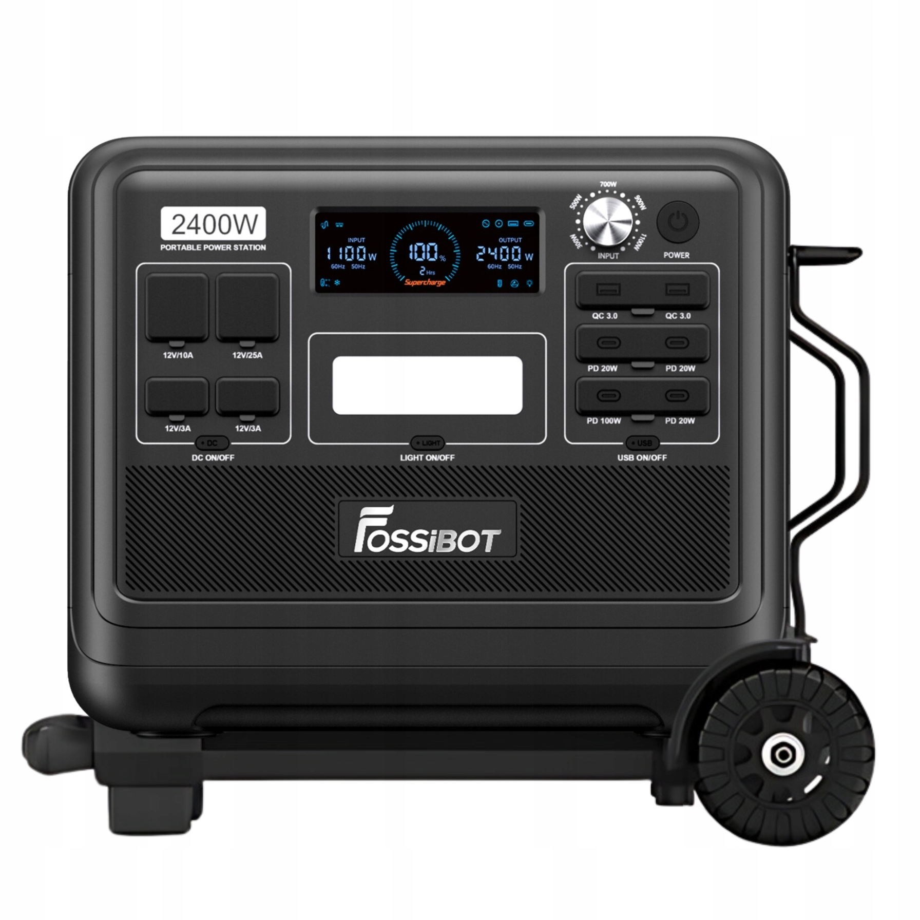 Czarna, przenośna stacja zasilania FOSSİBOT 2400W z kołami i uchwytem.