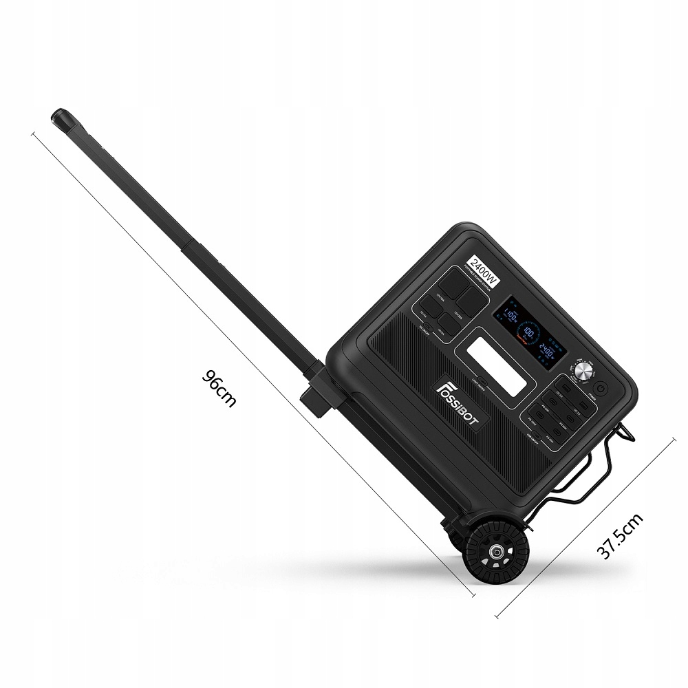 Czarna przenośna elektrownia z wysuwanym uchwytem, kołami i ekranem LCD.