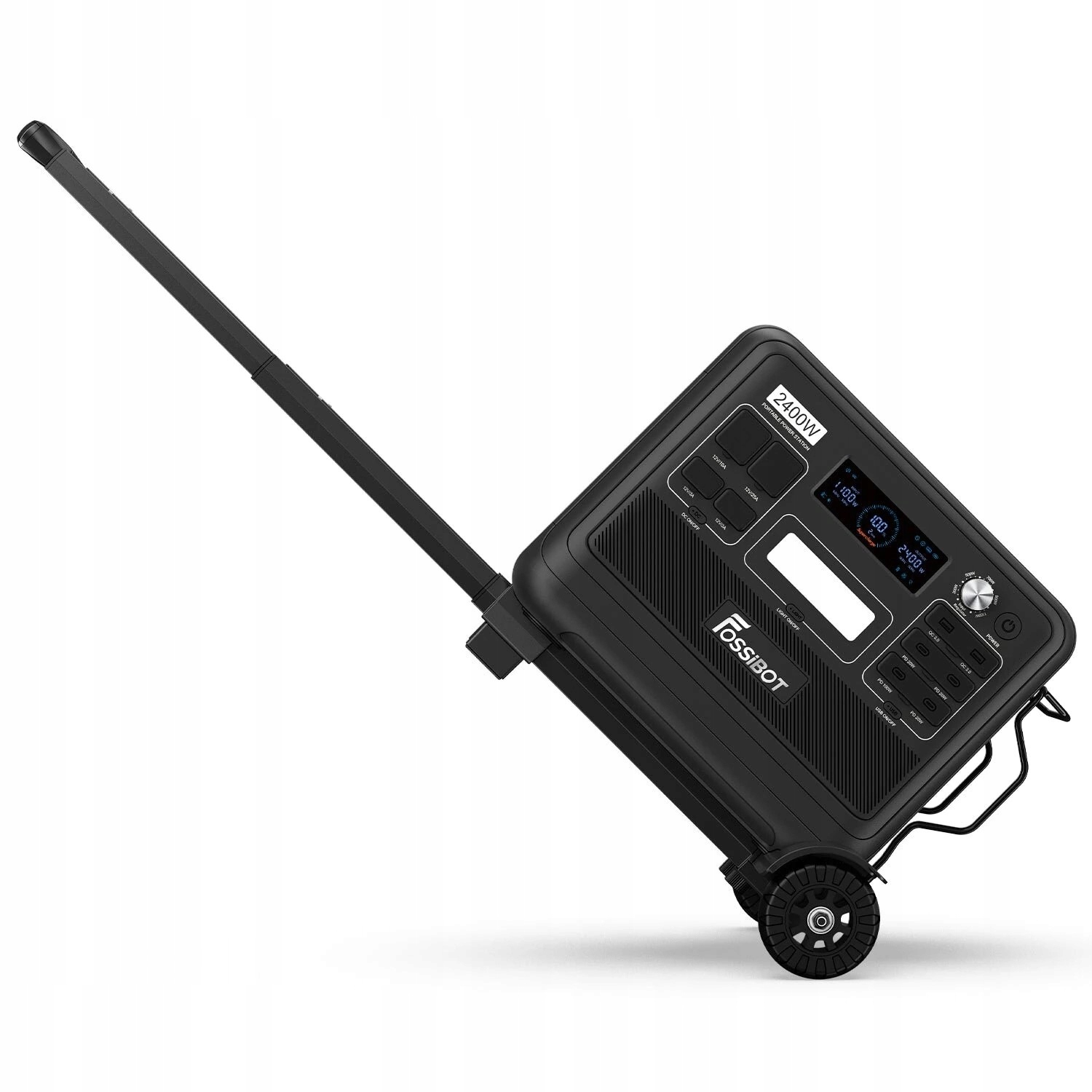 Czarna przenośna stacja zasilająca 2400W z wysuwanym uchwytem i kołami.