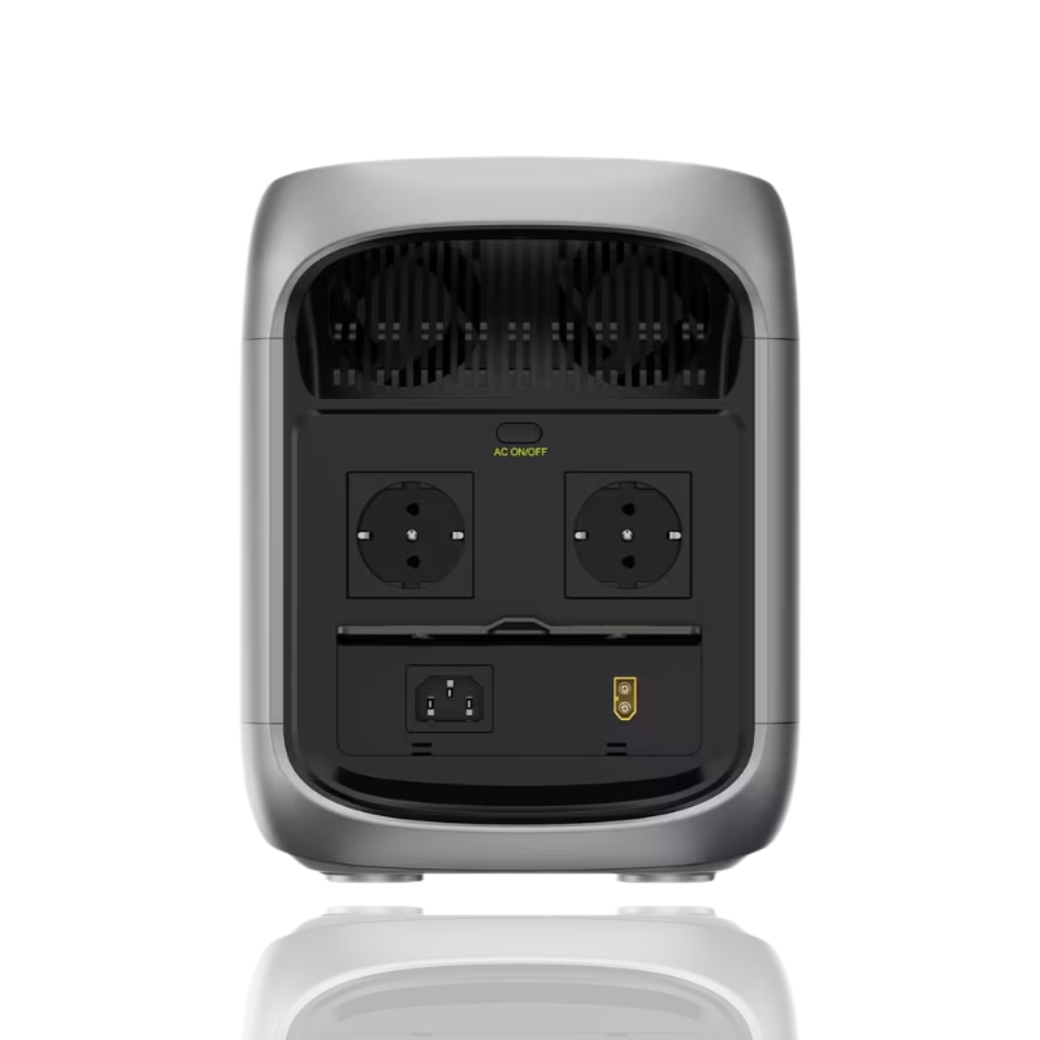 Tył szarej przenośnej stacji zasilania z wentylatorami, gniazdami i portami.