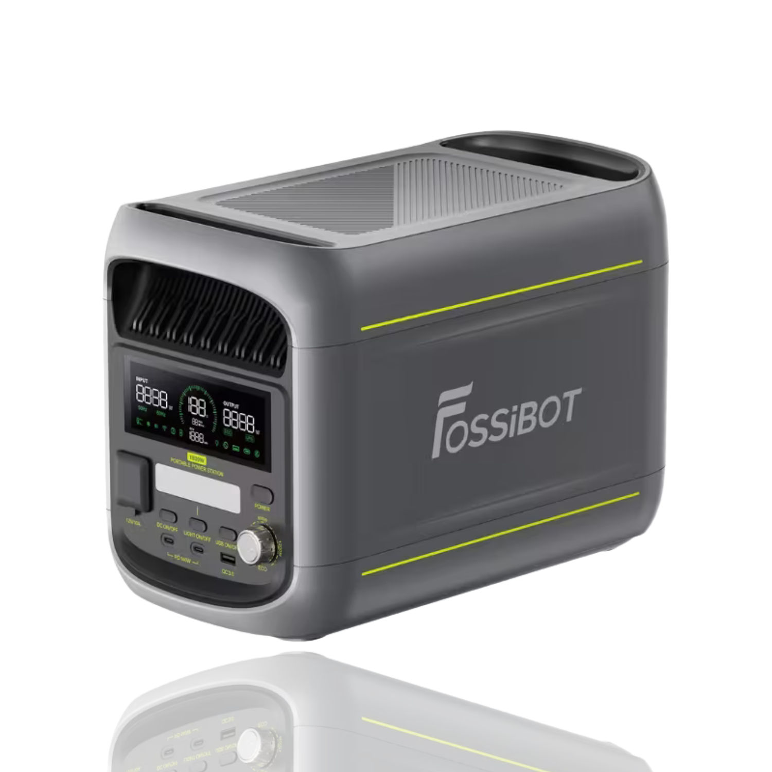 Szara stacja zasilania Fossibot z żółtymi akcentami i cyfrowym wyświetlaczem.