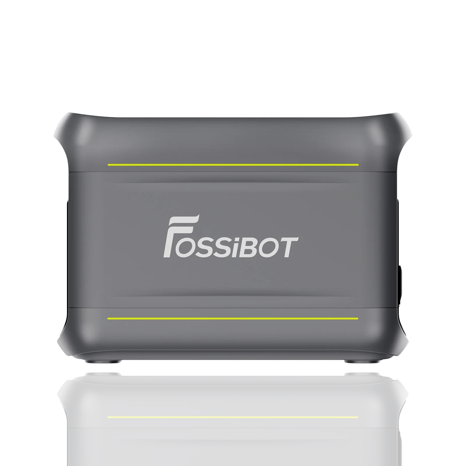 Szare urządzenie z żółtymi liniami i logo na białym tle.