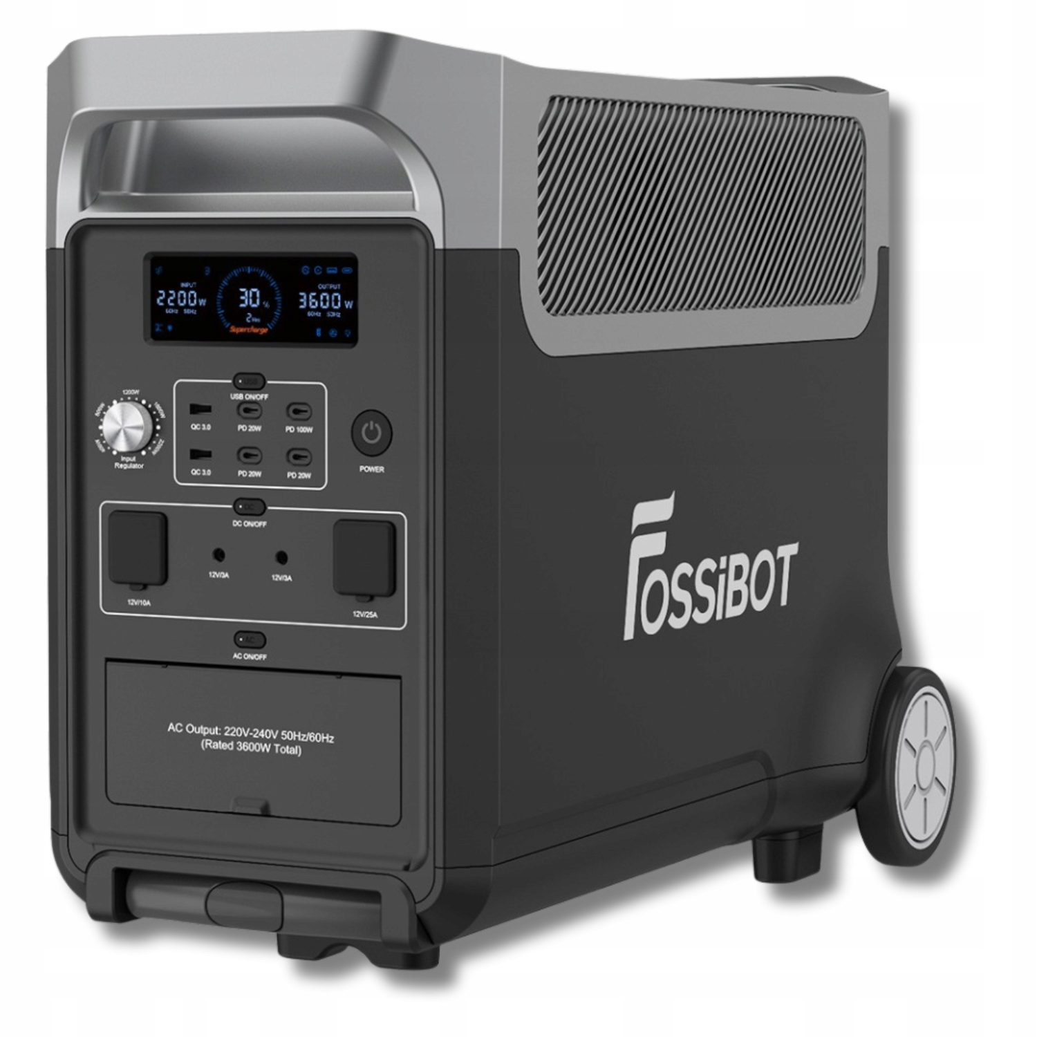 Czarny generator FOSSİBOT z kołami, wyświetlaczem i portami.