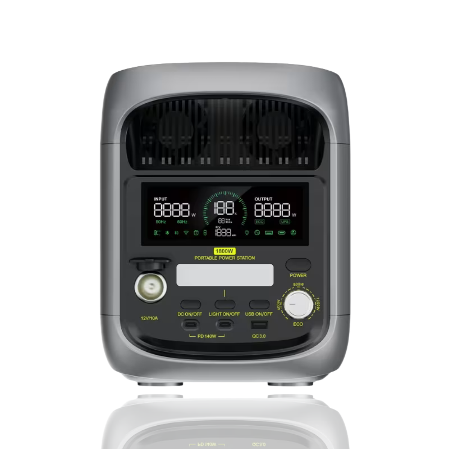 Szara przenośna stacja zasilania z cyfrowym wyświetlaczem, przyciskami i pokrętłem.