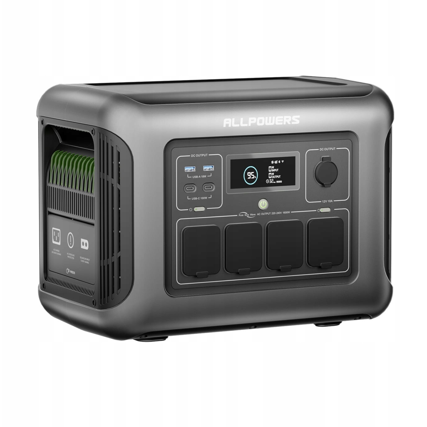 Szara przenośna stacja zasilania z portami i ekranem.