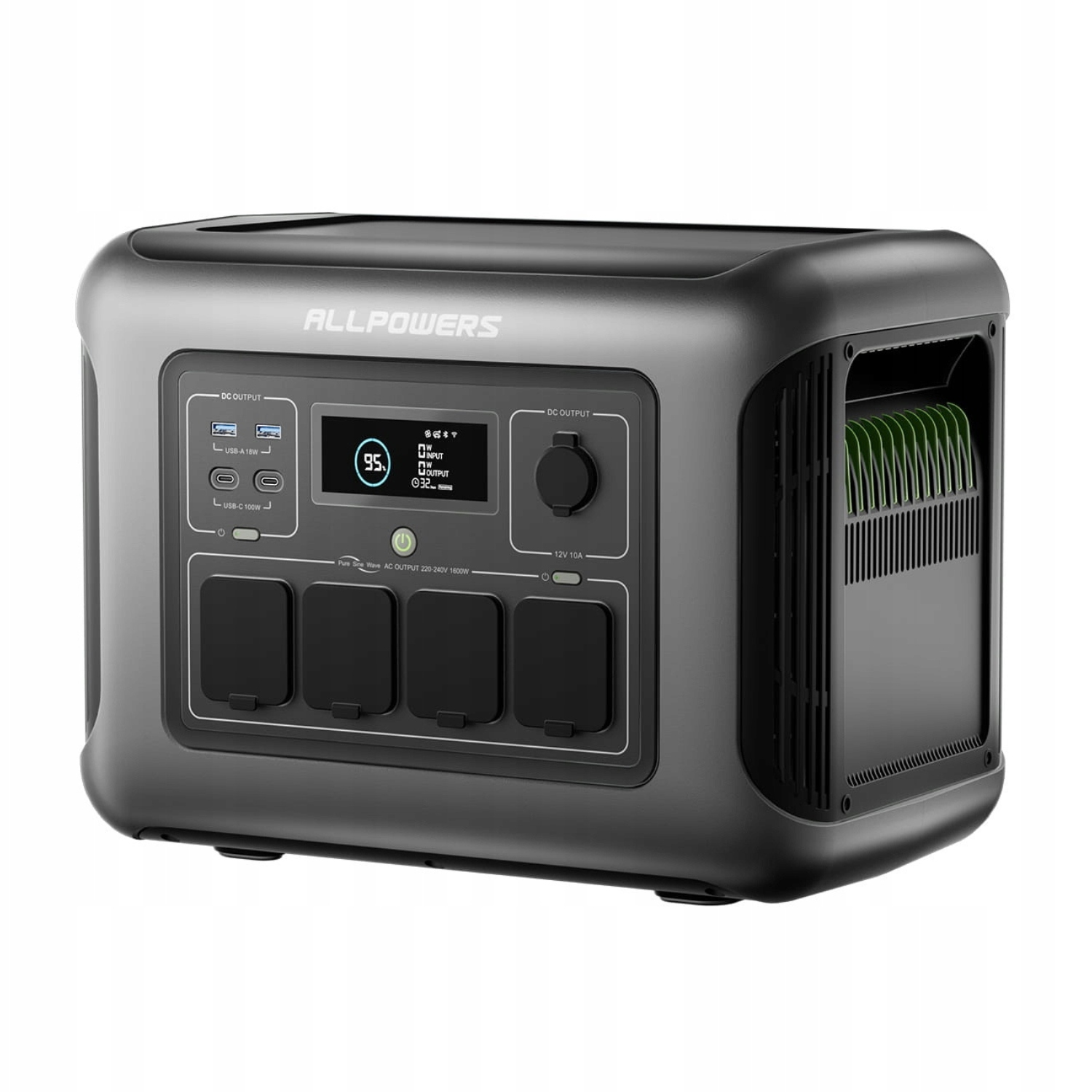 Szara przenośna stacja zasilania z cyfrowymi wyświetlaczami i portami.