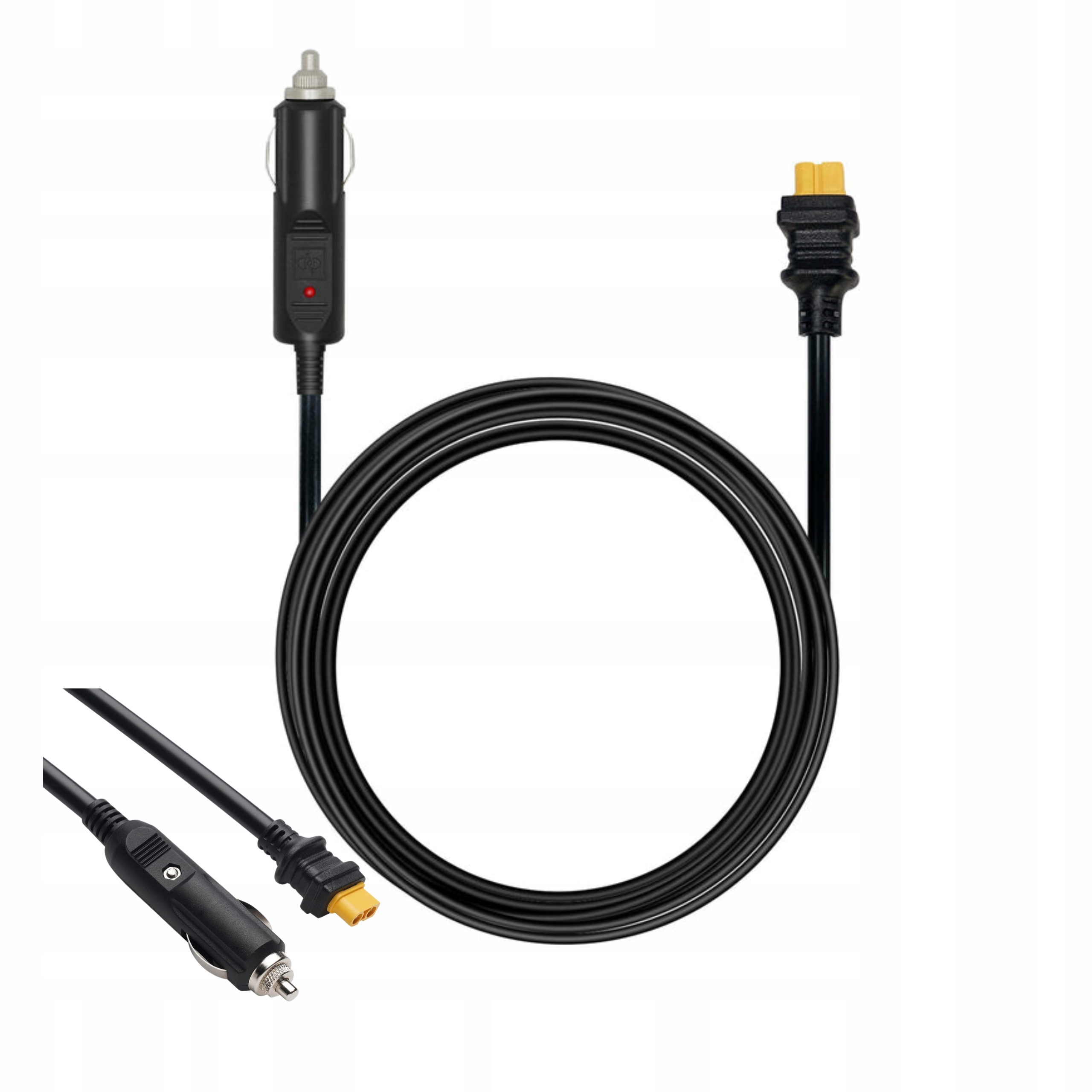 Czarny kabel spiralny z wtyczką ładowarki samochodowej i żółtym złączem.