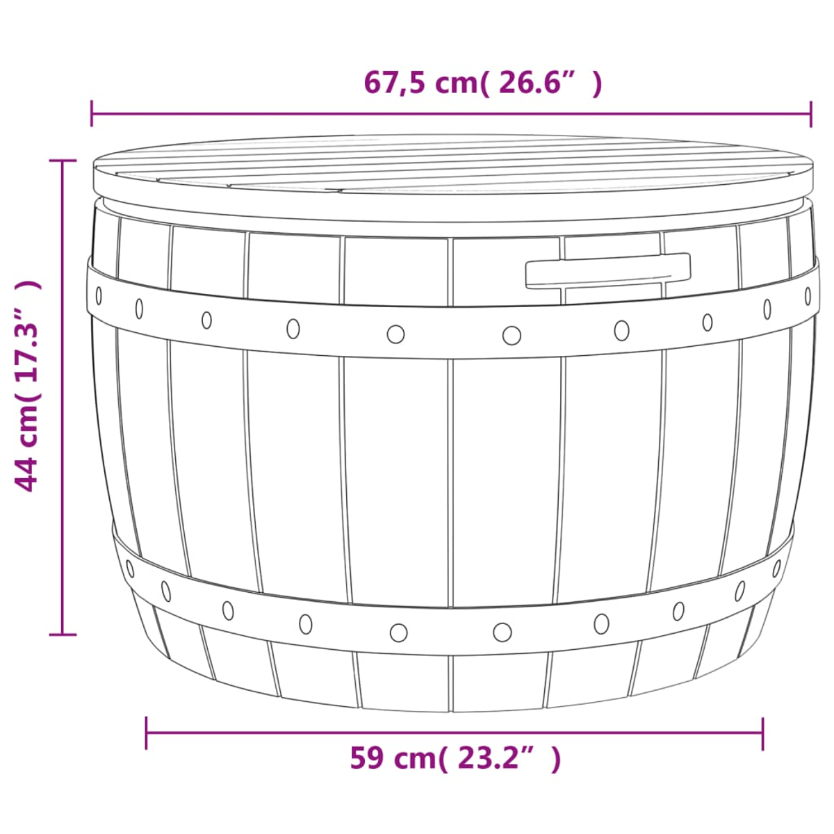 Eine Fassform-Truhe mit Deckel, Maße 67,5 cm breit, 44 cm hoch, 59 cm tief.