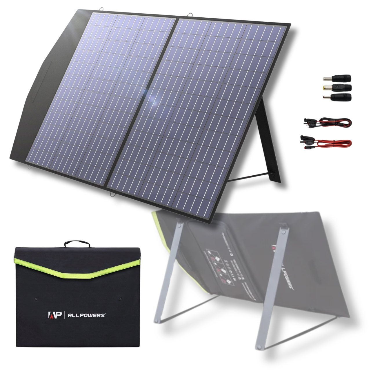 Przenośny panel słoneczny, złożone etui i kable są wyświetlane na białym tle.