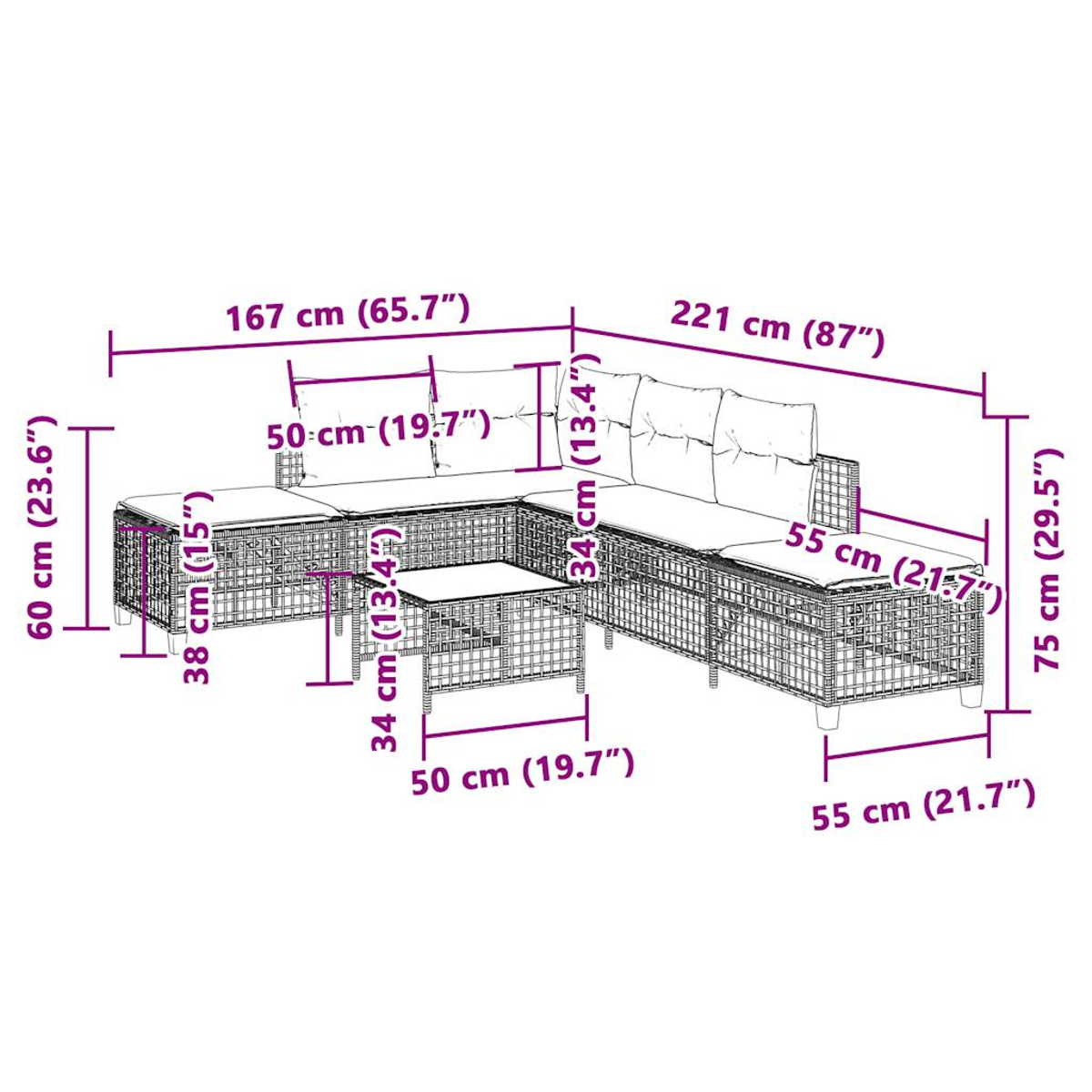 Geflochtenes Lounge-Set mit Maßen und weißen Kissen.