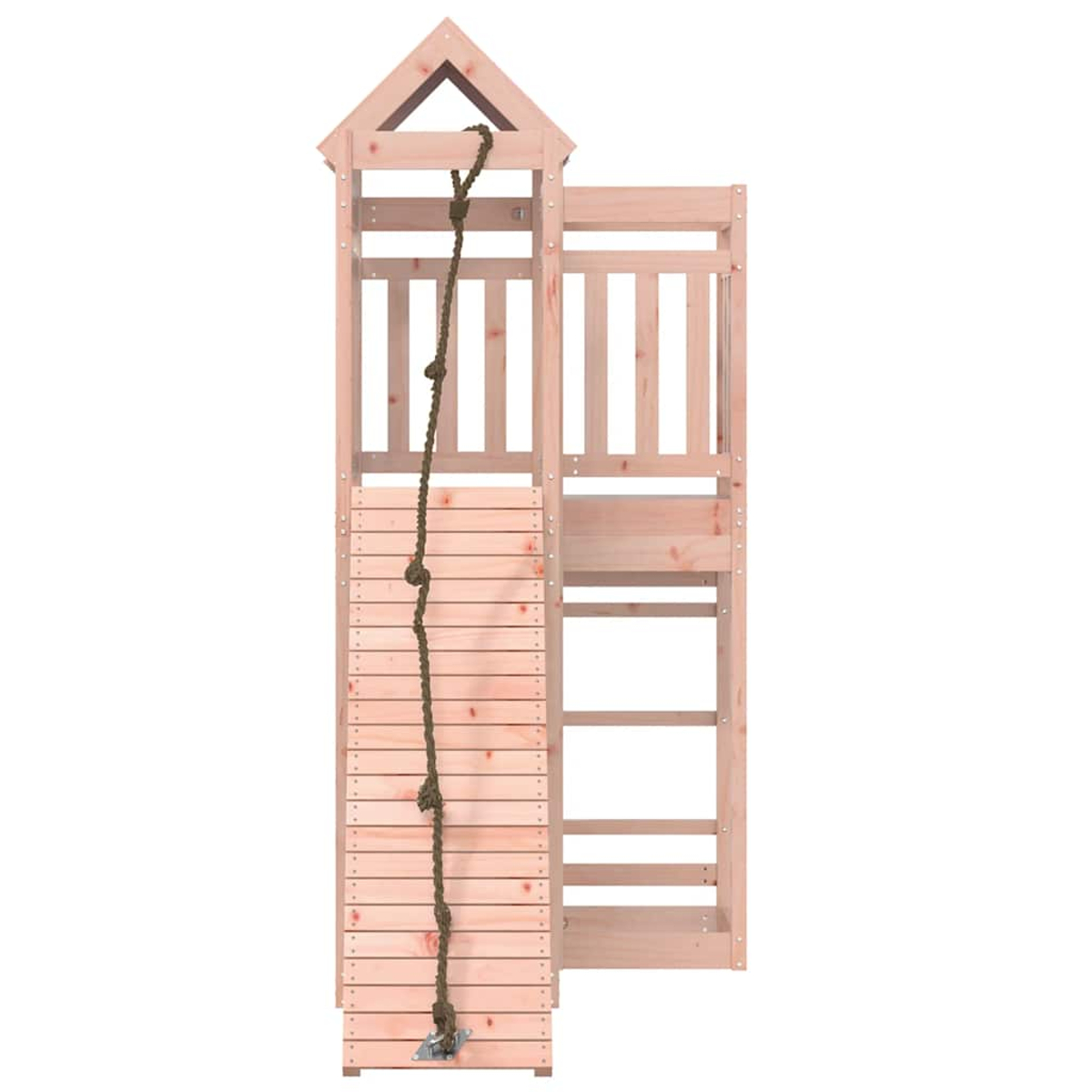 Holzspielturm mit Kletterseil und Leiter.