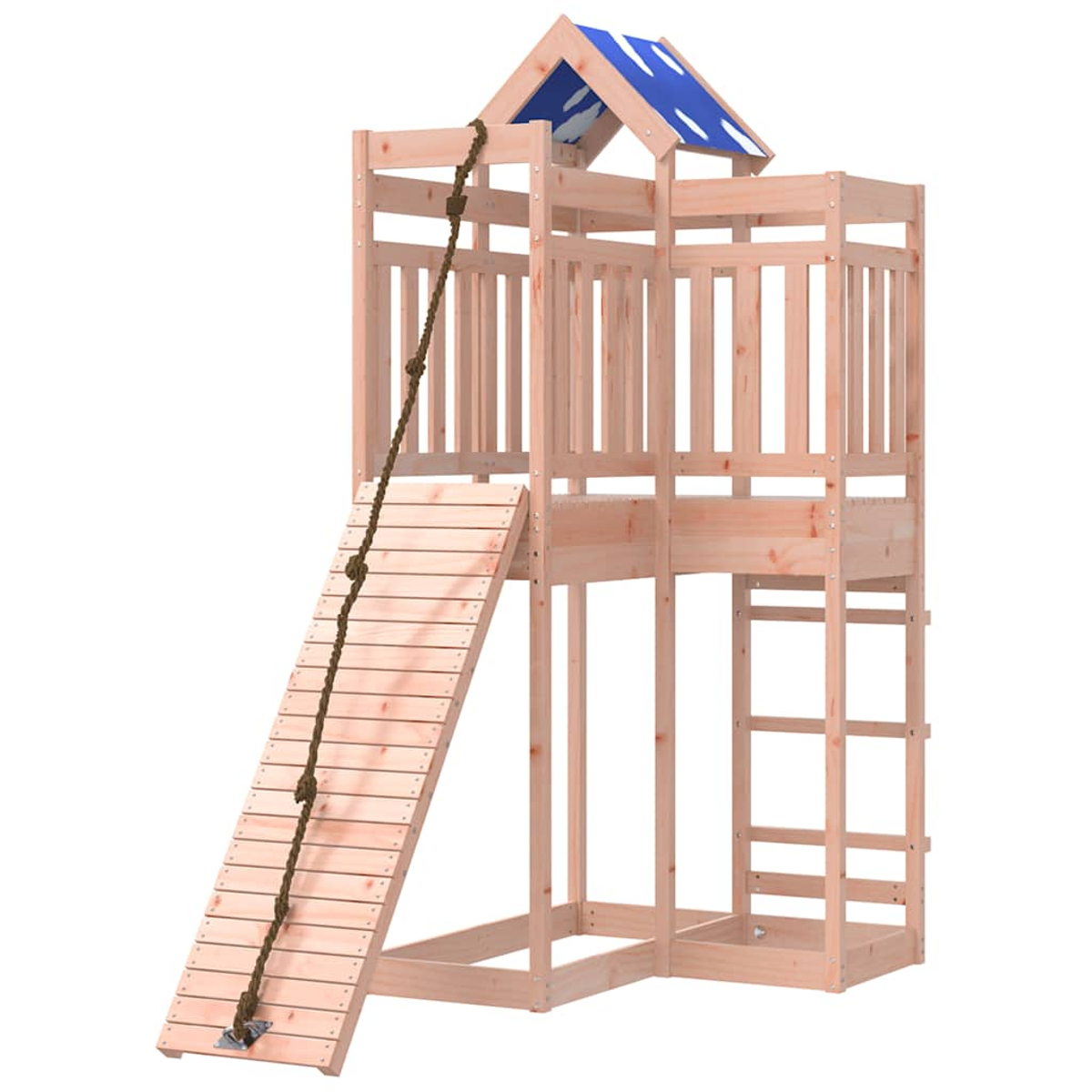 Holzspielturm mit Rutsche, Strickleiter und blauem Dach.