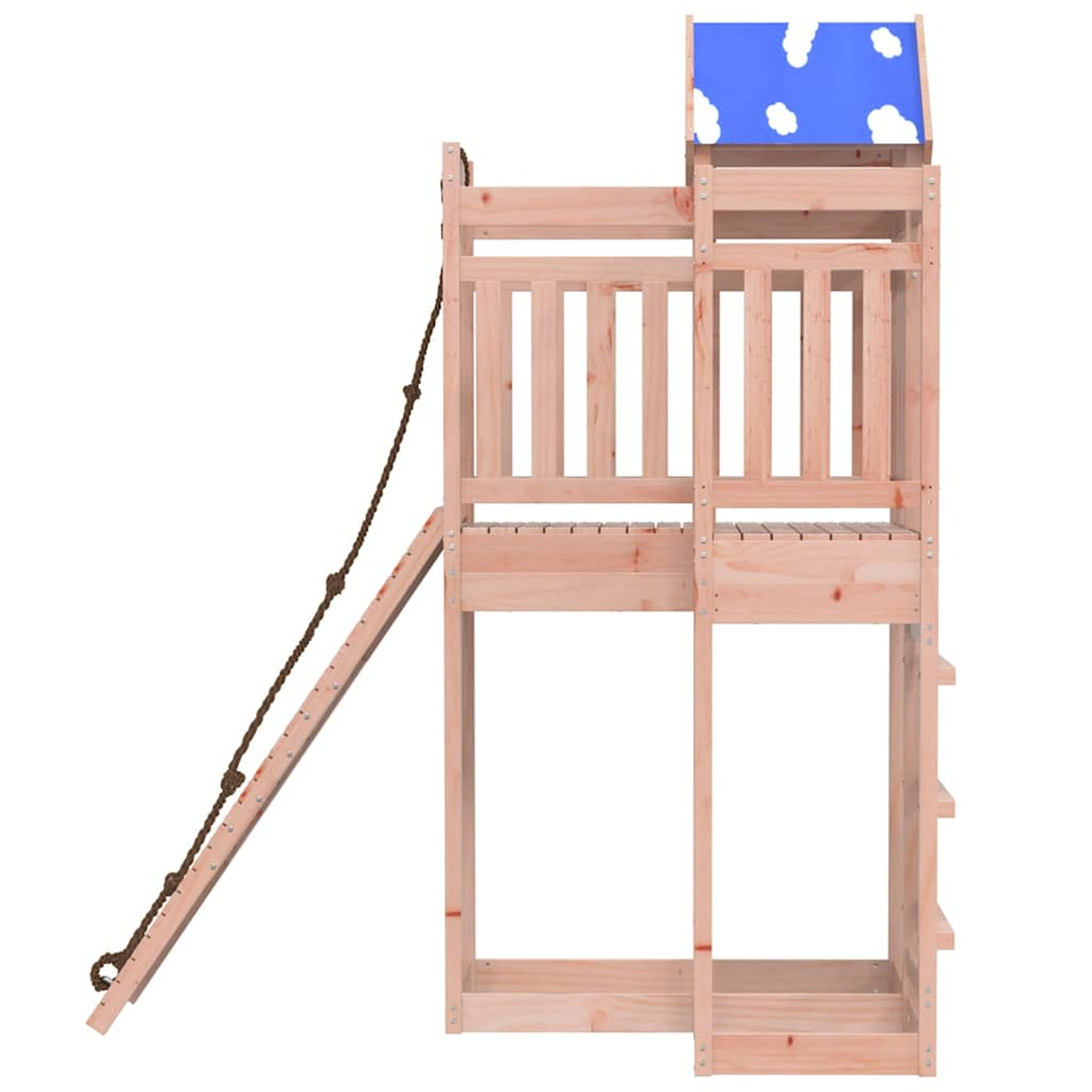 Holz-Hochbett mit Leiter, Seil und blauer Wolken-Bespannung.