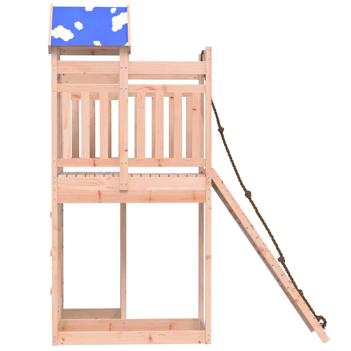 Holz-Spielturm mit blauer Wolken-Dachabdeckung, Leiter und Strick.
