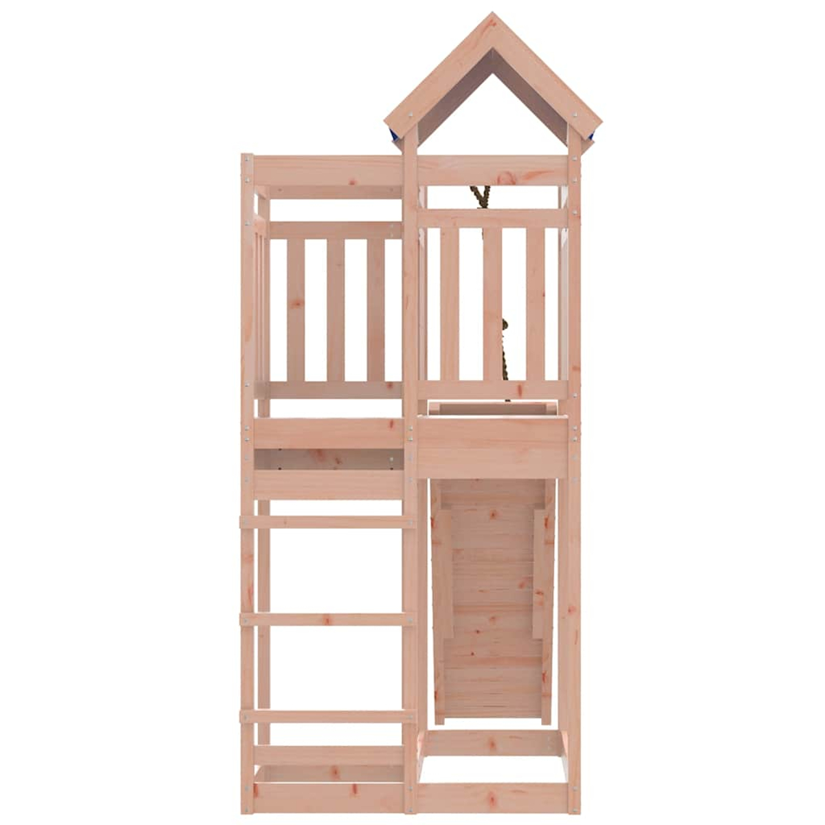 Ein hölzernes Hochbett mit Leiter und Dach, freigestellt auf weißem Hintergrund.