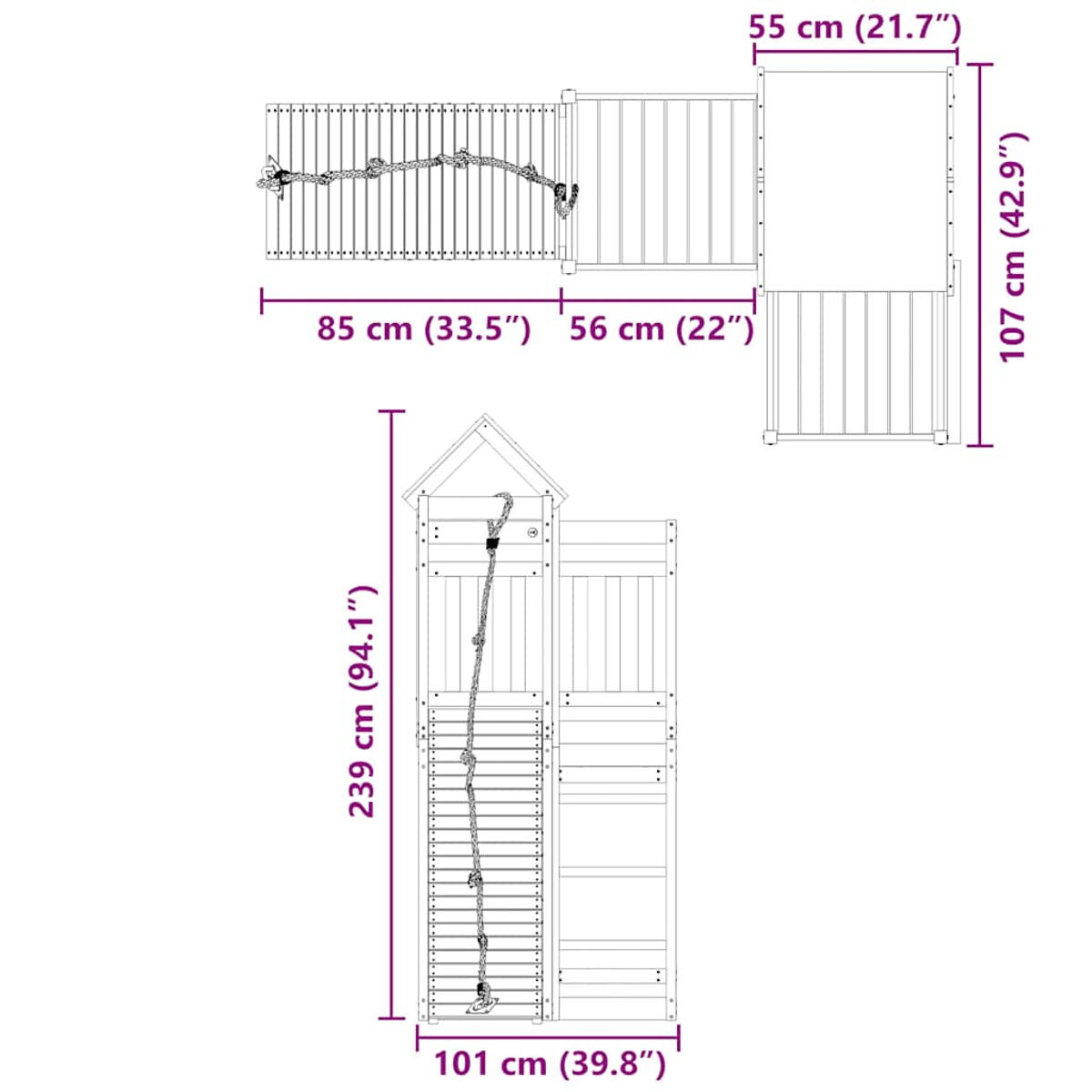 Gartenhaus-Grundriss mit Seil und Leiter, Maße in cm und Zoll.