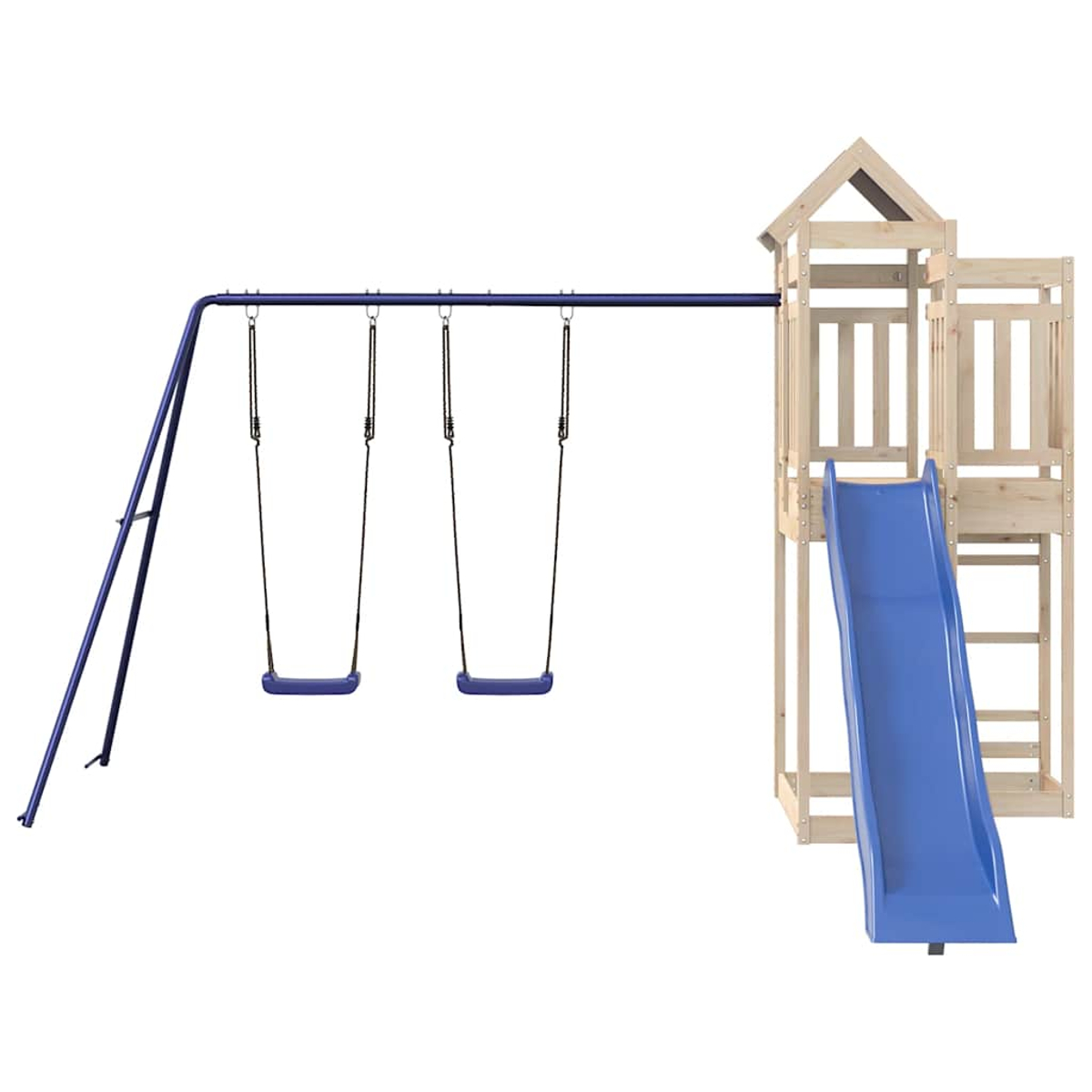 Ein Spielturm aus Holz mit einer blauen Rutsche und zwei blauen Schaukeln.