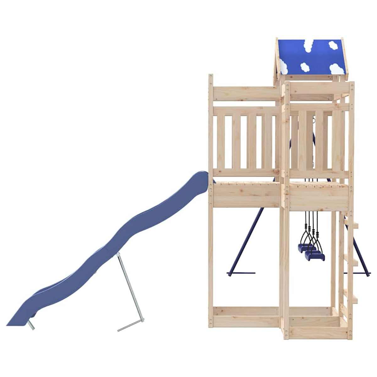 Hölzerne Spielstruktur mit blauer Rutsche und Schaukeln, gekrönt von einem blauen Wolkendach.
