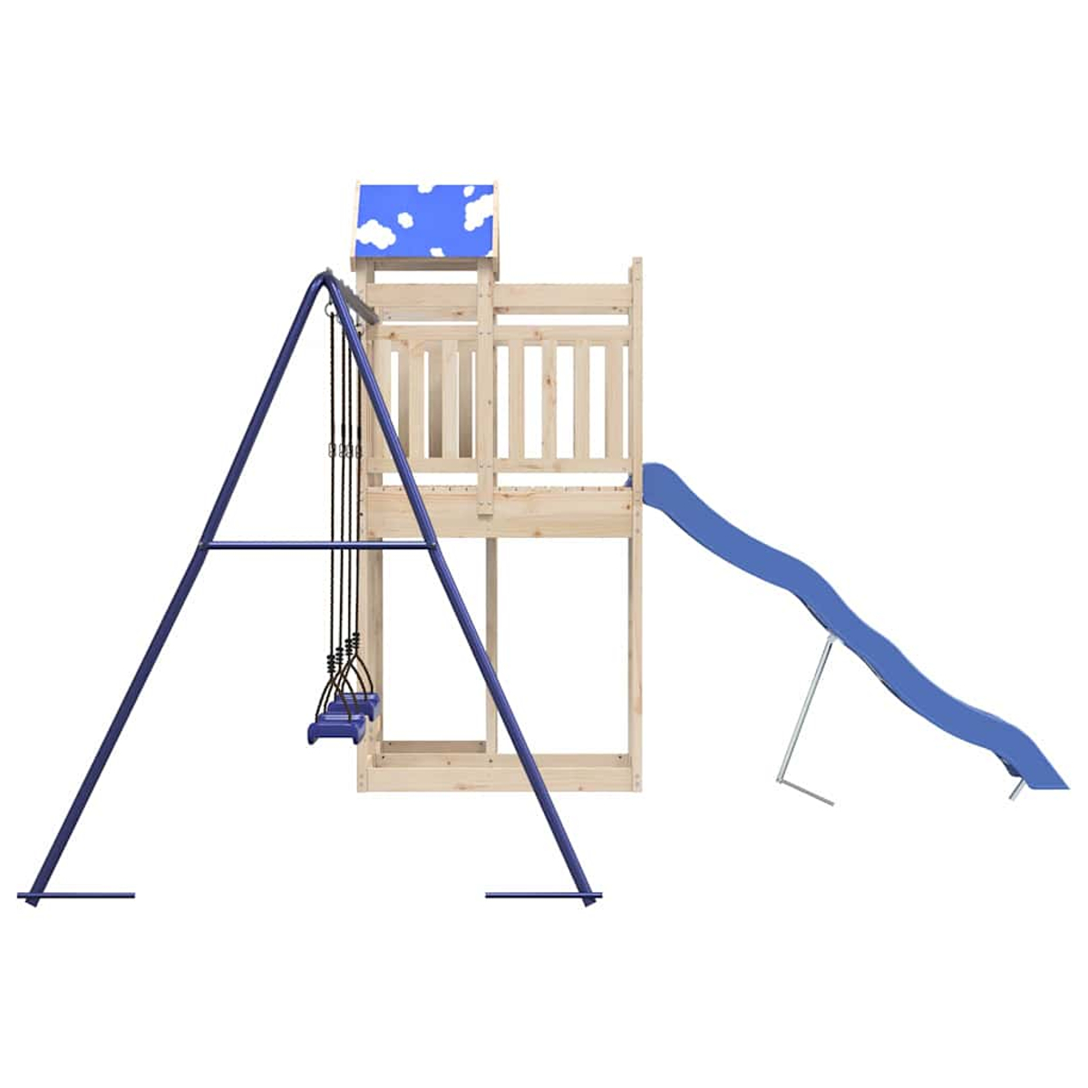 Ein Spielturm mit Schaukeln und einer blauen Rutsche auf weißem Hintergrund.