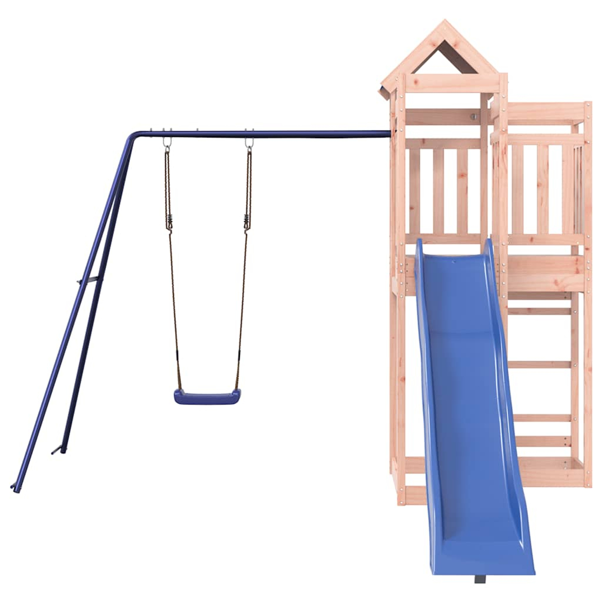 Ein hölzerner Spielturm mit Rutsche und einer blauen Schaukel auf einem blauen Metallgestell.
