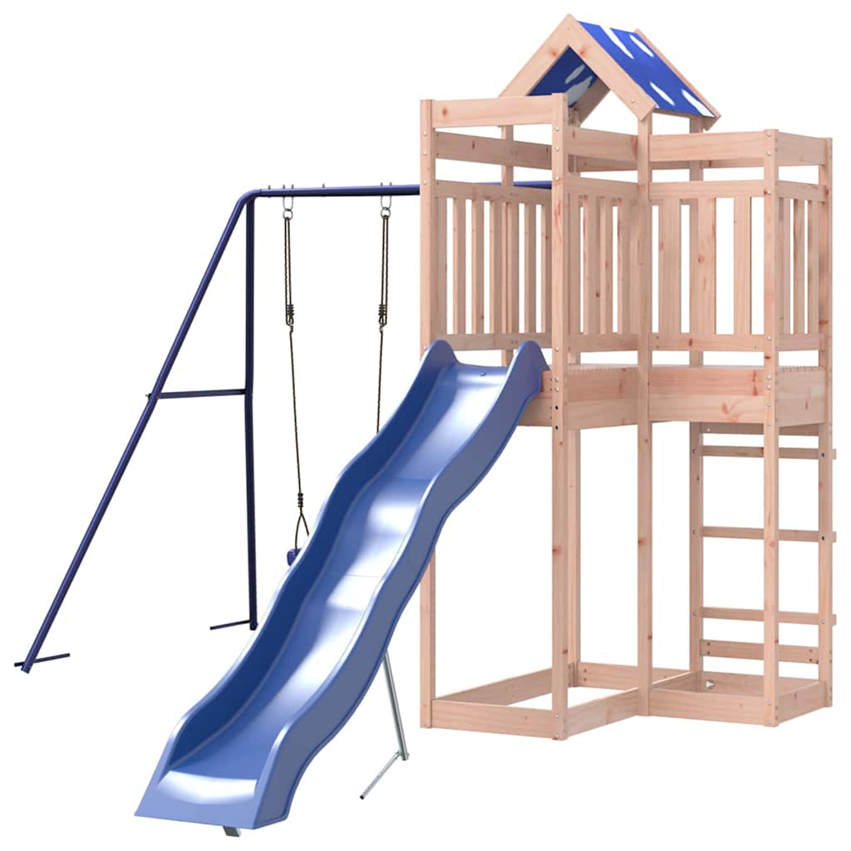 Hölzerne Spielstruktur mit blauer Rutsche und Schaukel.