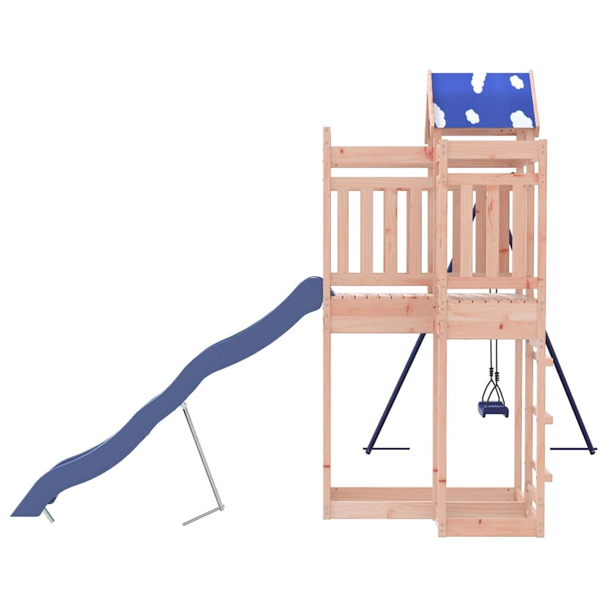 Ein hölzerner Spielturm mit blauer Rutsche und Schaukel.