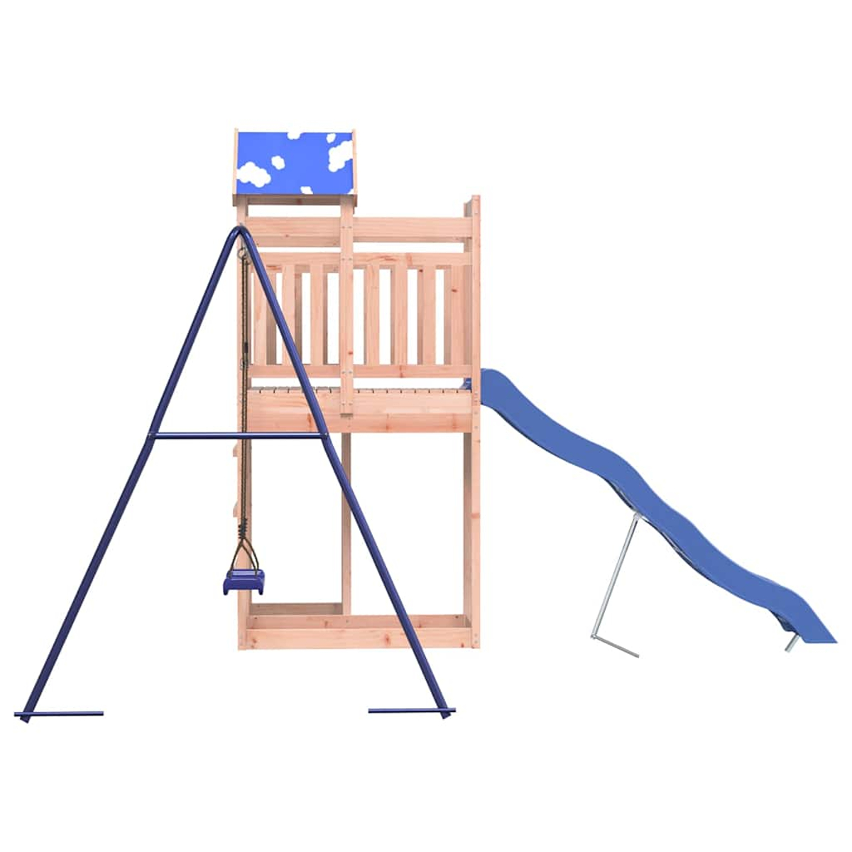 Ein hölzerner Spielturm mit blauer Rutsche und Schaukel.