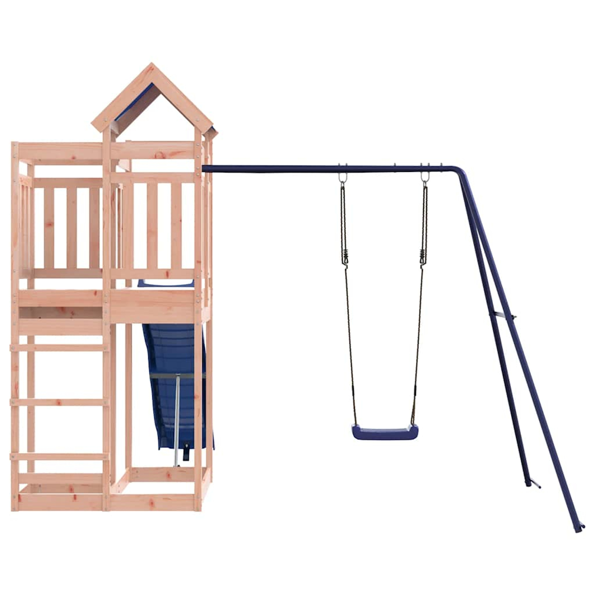 Ein Holzspielturm mit Leiter und blauem Schaukelsitz an einem dunklen Metallgestell.