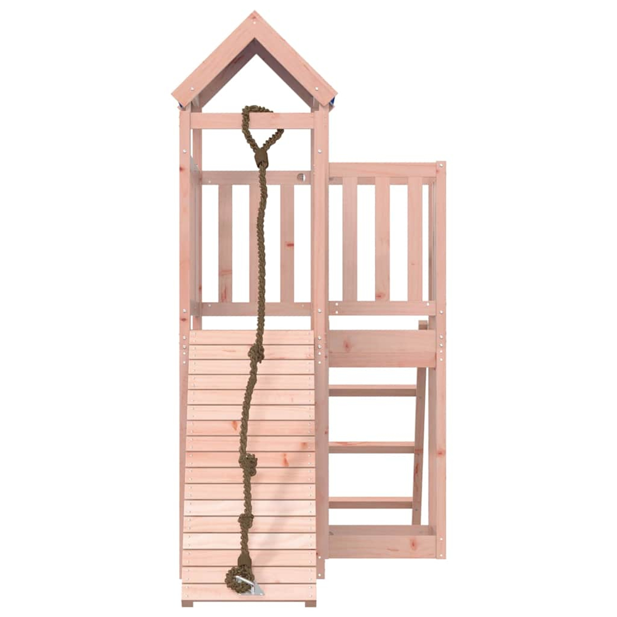 Holzspielturm mit Rutsche, Leiter und Seil.