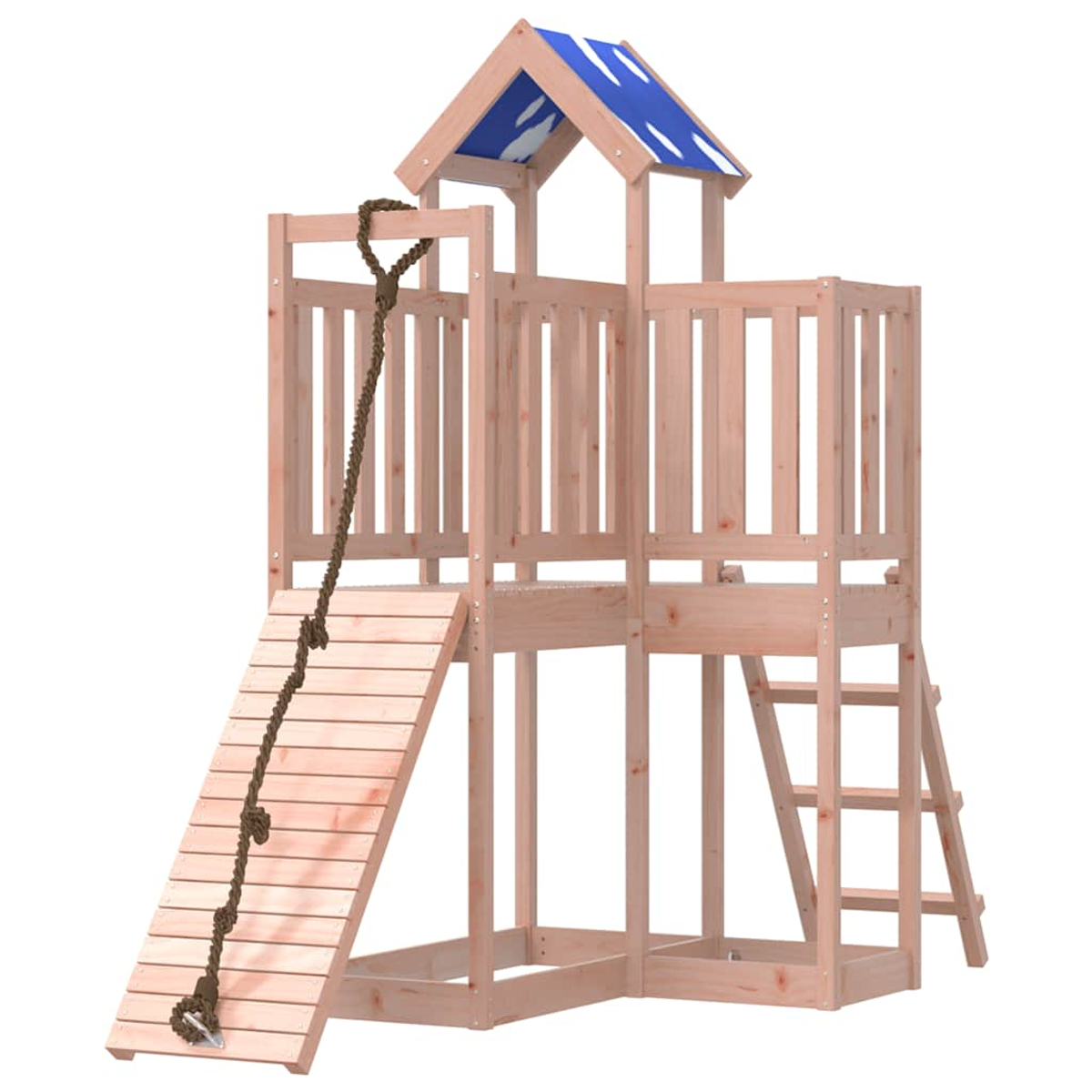Ein Holzspielgerüst mit Rutsche, Seil und Leiter.