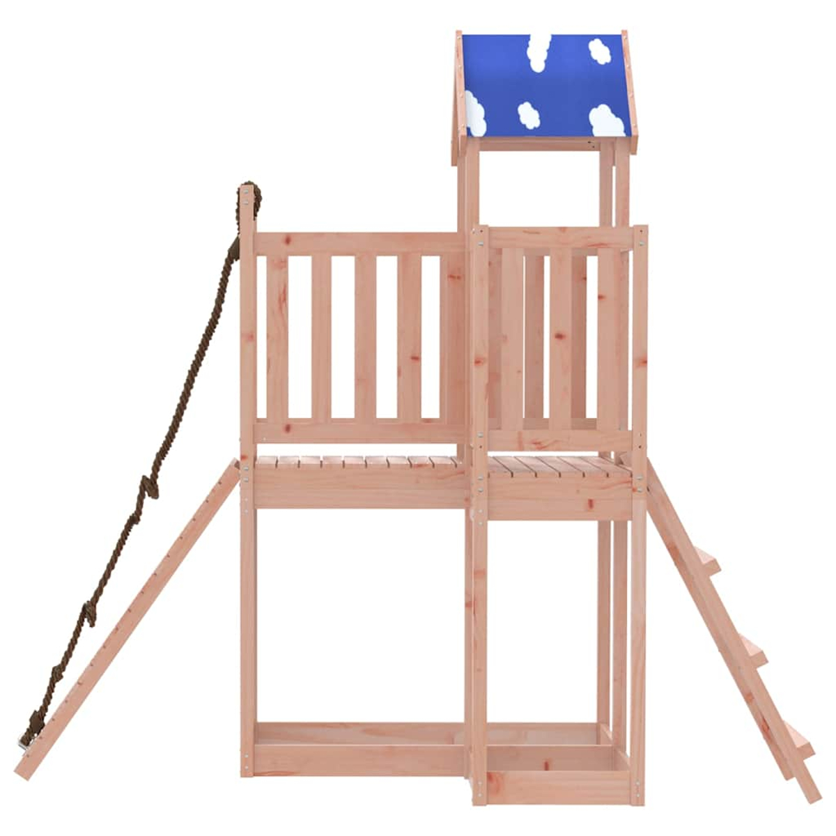 Ein hölzerner Spielturm mit blauem Dach mit Wolken, Strickleiter und Rutsche.