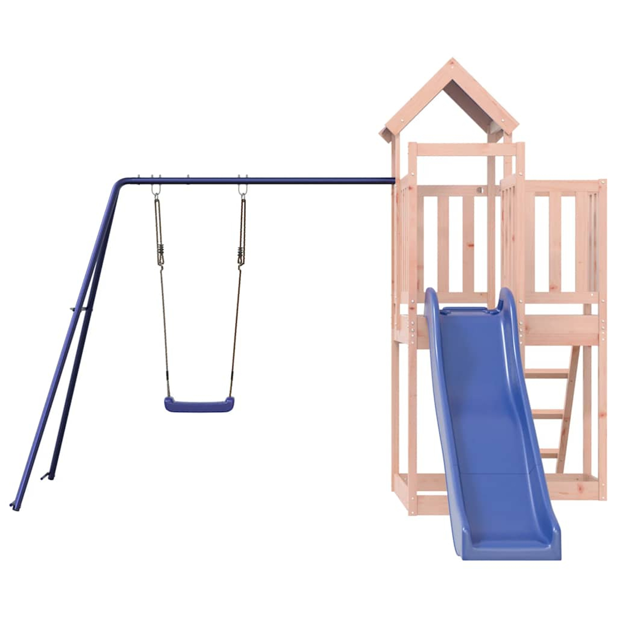 Eine Holzspielstruktur mit einer blauen Rutsche und einer blauen Schaukel vor weißem Hintergrund.