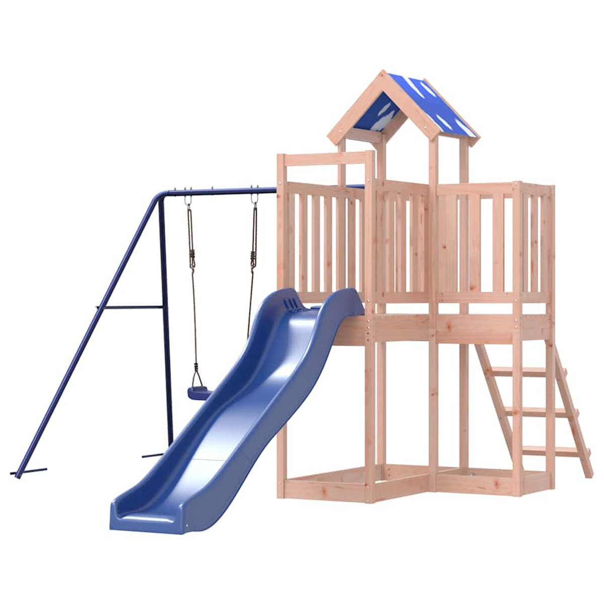 Holzspielgerüst mit blauer Rutsche und Schaukeln.